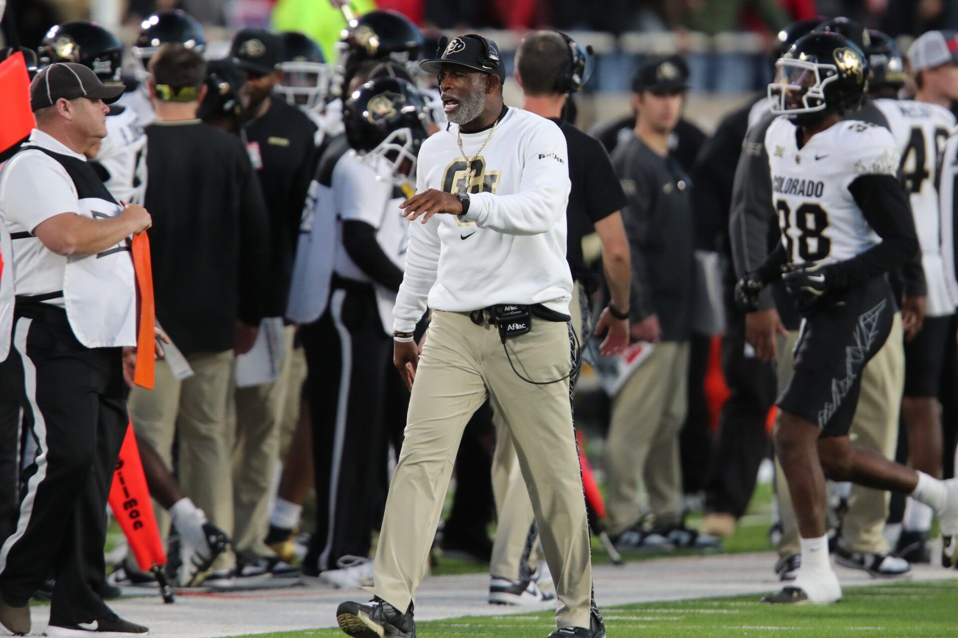 Colorado Buffalos head coach Deion Sanders in the second half during the game against the Texas Tech Red Raiders at Jones AT&T Stadium and Cody Campbell Field.