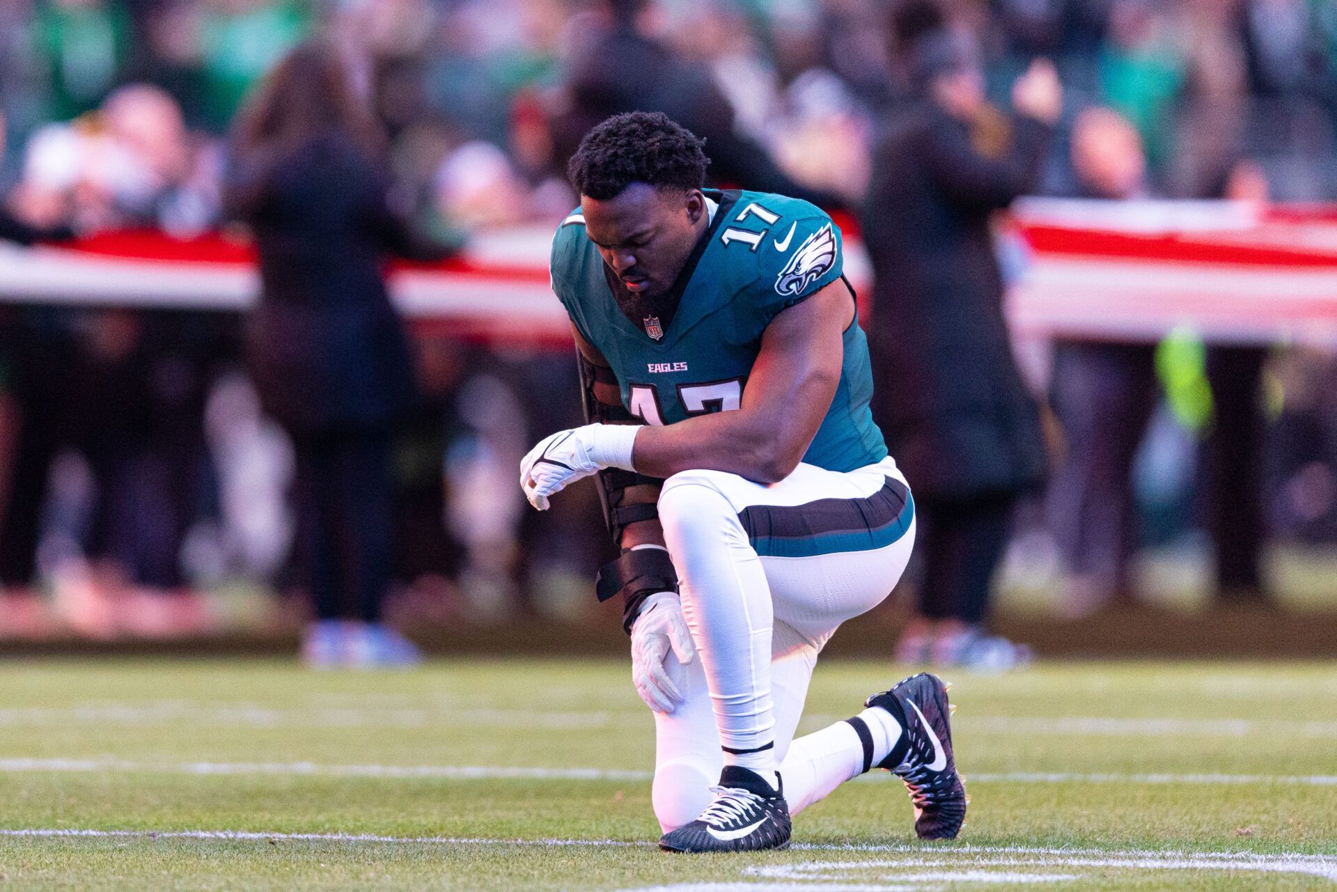 Philadelphia Eagles linebacker Nakobe Dean (17) before action against the Pittsburgh Steelers at Lincoln Financial Field.