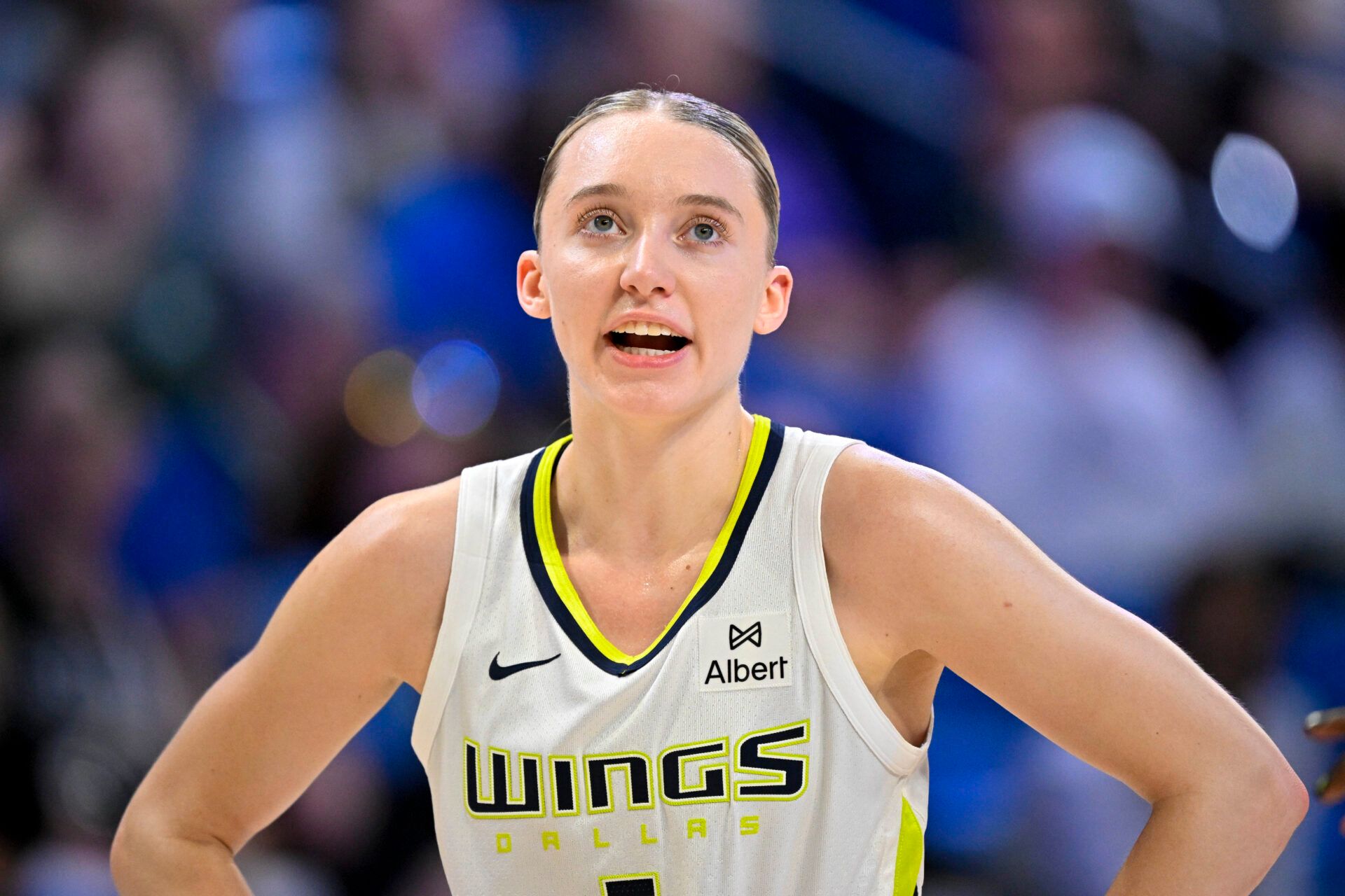 Dallas Wings guard Paige Bueckers (5) in action during the game between the Dallas Wings and the Seattle Storm at College Park Center.