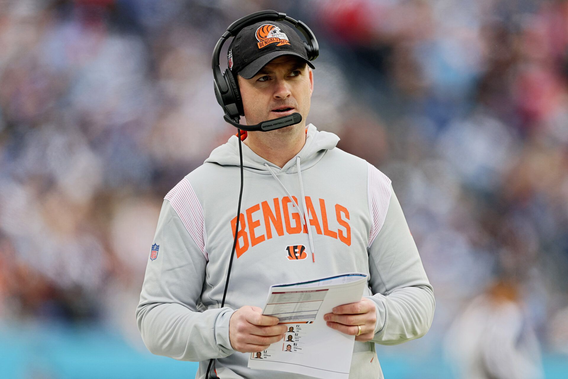 NASHVILLE, TENNESSEE - NOVEMBER 27: Head coach Zac Taylor of the Cincinnati Bengals reacts during the first half against the Tennessee Titans at Nissan Stadium on November 27, 2022 in Nashville, Tennessee. (Photo by Andy Lyons/Getty Images)