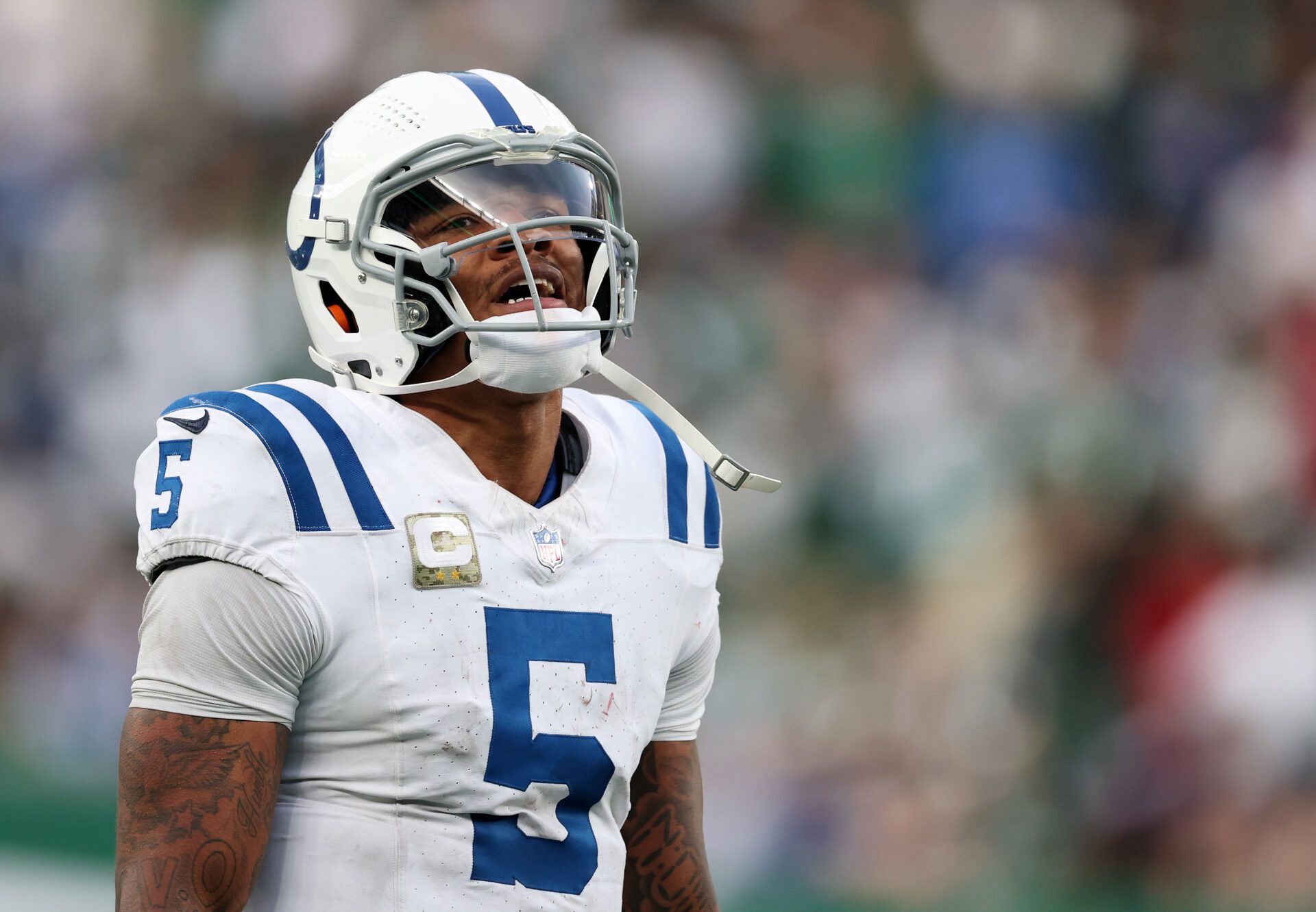 EAST RUTHERFORD, NEW JERSEY - NOVEMBER 17: 
Quarterback Anthony Richardson #5 of the Indianapolis Colts reacts after scoring a fourth quarter touchdown against the New York Jets at MetLife Stadium on November 17, 2024 in East Rutherford, New Jersey.  (Photo by Al Bello/Getty Images)