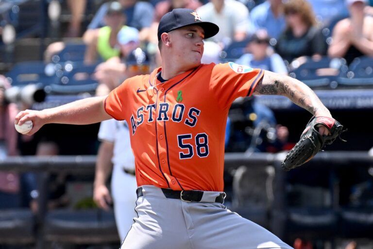 Houston Astros starting pitcher Hunter Brown (58) throws a pitch in the first inning against the Tampa Bay Rays  at George M. Steinbrenner Field.