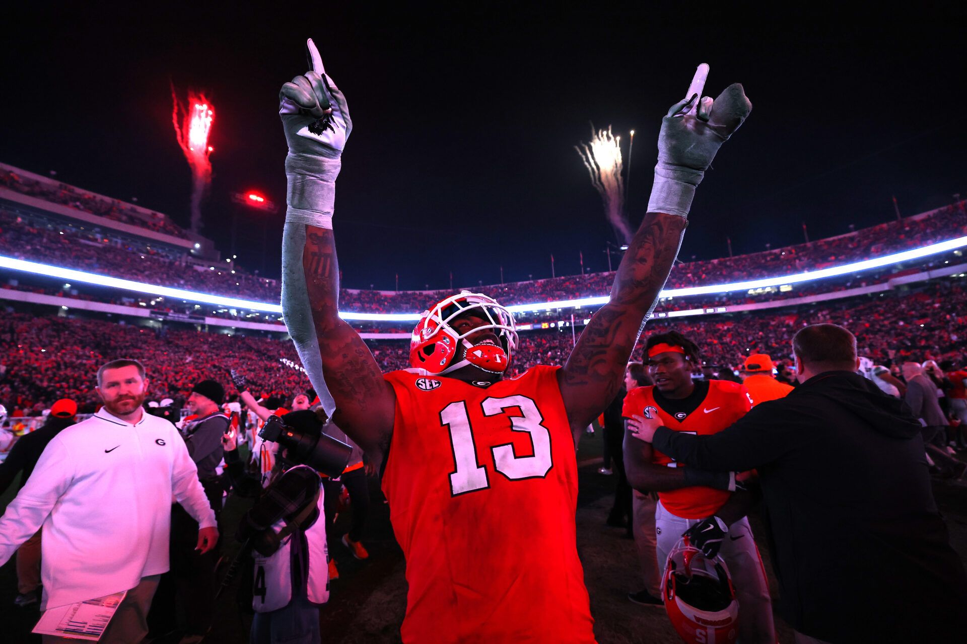 ATHENS, GEORGIA - NOVEMBER 16: Mykel Williams #13 of the Georgia Bulldogs reacts after defeating the Tennessee Volunteers 31-17 at Sanford Stadium on November 16, 2024 in Athens, Georgia (Photo by Kevin C. Cox/Getty Images)