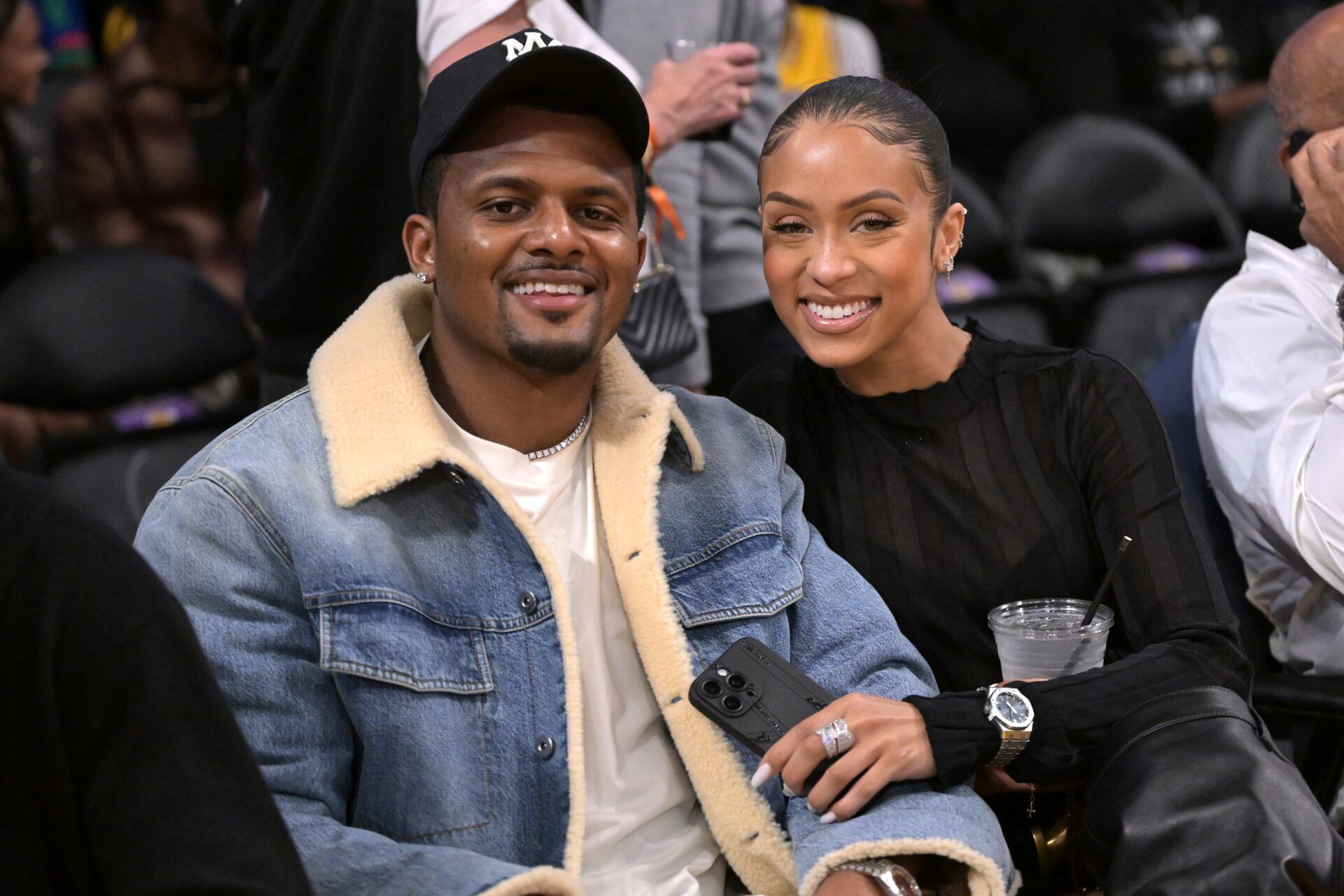Cleveland Browns quarterback Deshaun Watson and girlfriend Jilly Anais attend the game between the Los Angeles Lakers and the Minnesota Timberwolves at Crypto.com Arena.