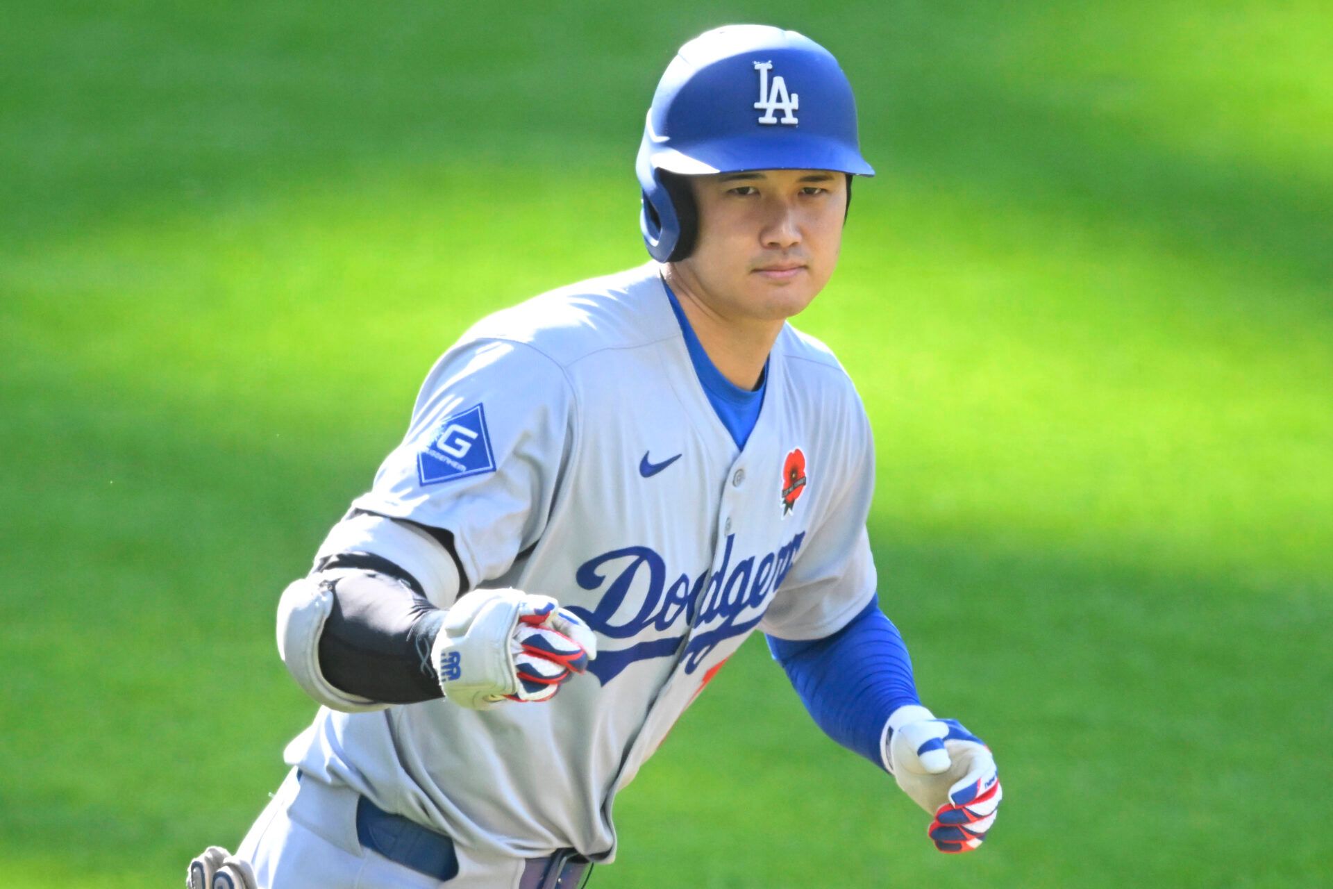 Los Angeles Dodgers designated hitter Shohei Ohtani (17) celebrates his solo home run in the first inning against the Cleveland Guardians at Progressive Field.