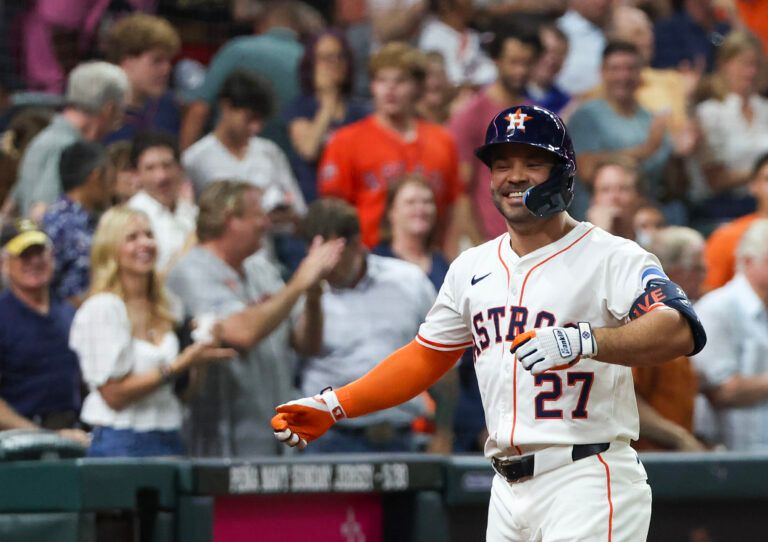 Houston Astros designated hitter Jose Altuve (27) reacts to his home run against there Athletics  in the fourth inning at Daikin Park.