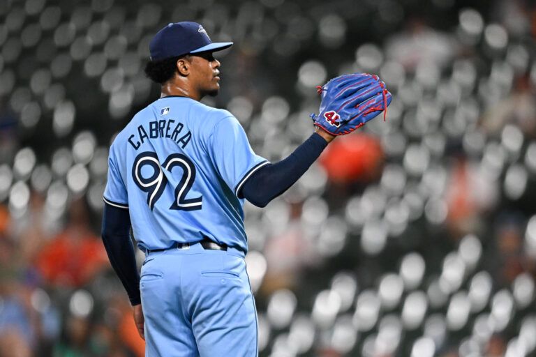 Toronto Blue Jays pitcher Génesis Cabrera (92) looks on during the ninth inning against the Baltimore Orioles at Oriole Park at Camden Yards.