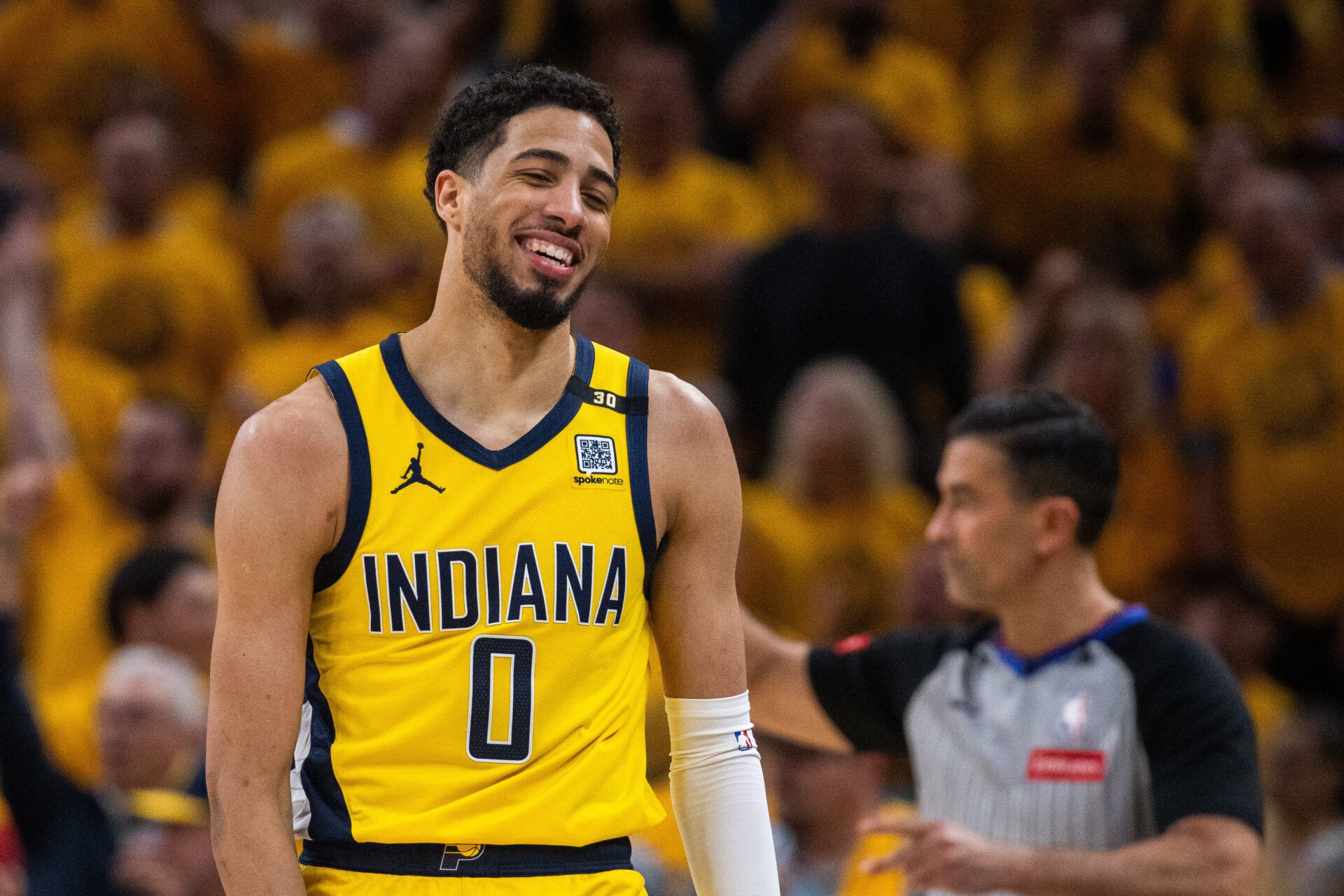 Indiana Pacers guard Tyrese Haliburton (0) smiles during game six of the second round for the 2024 NBA playoffs against the New York Knicks at Gainbridge Fieldhouse.