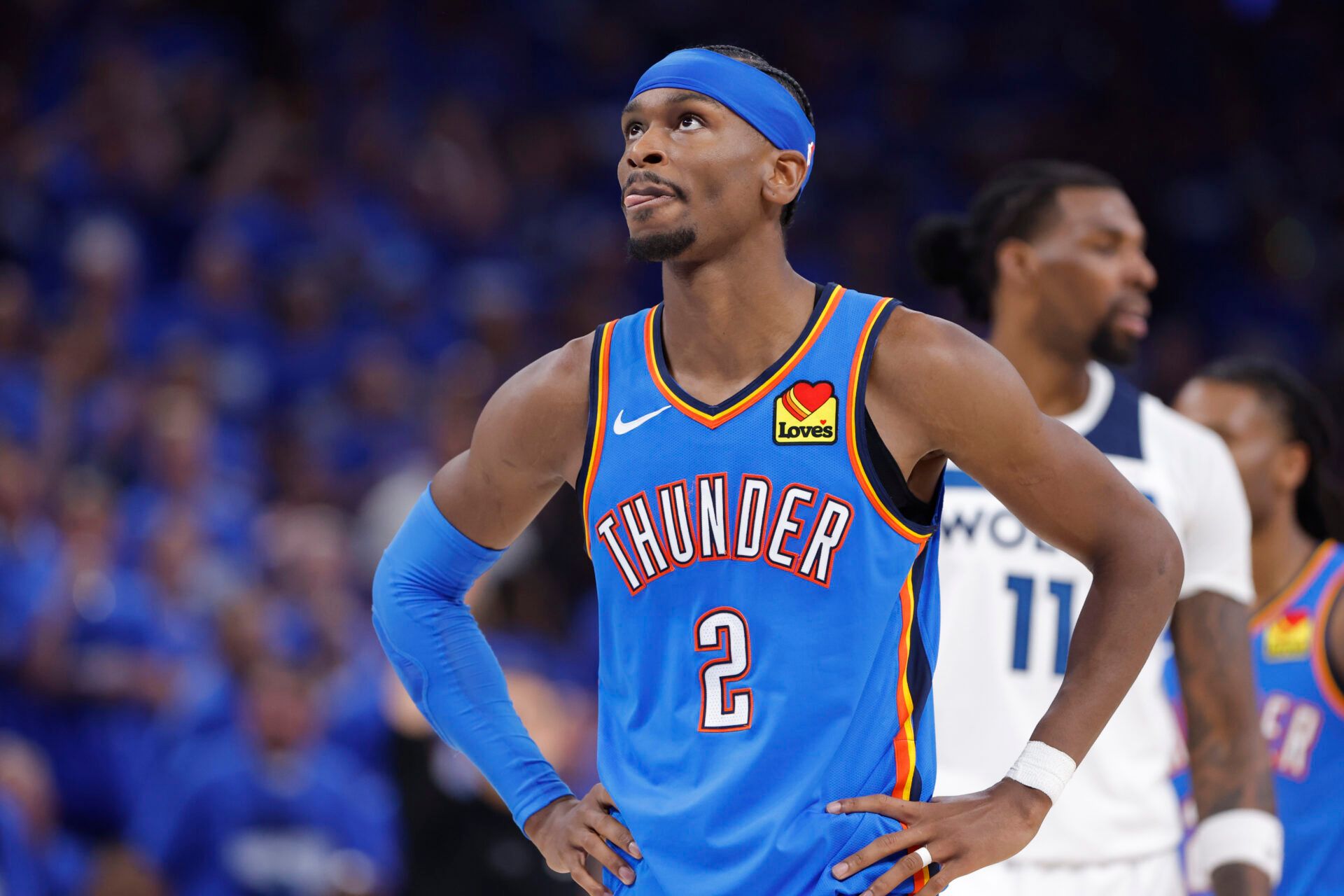 Oklahoma City Thunder guard Shai Gilgeous-Alexander (2) in the third quarter against the Minnesota Timberwolves during game two of the western conference finals for the 2025 NBA Playoffs at Paycom Center.