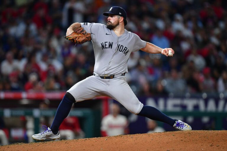 New York Yankees pitcher Carlos Rodon (55) throws against the Los Angeles Angels during the seventh inning at Angel Stadium.