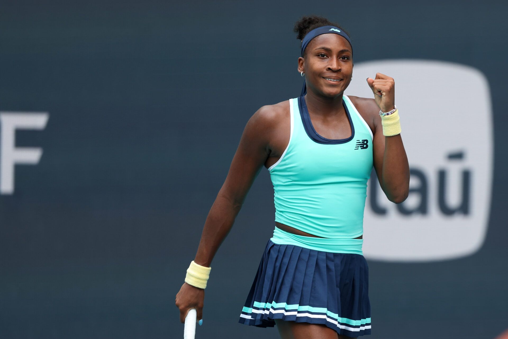 Coco Gauff (USA) celebrates after match point against Maria Sakkari (GRE)(not pictured) on day five of the Miami Open at Hard Rock Stadium.