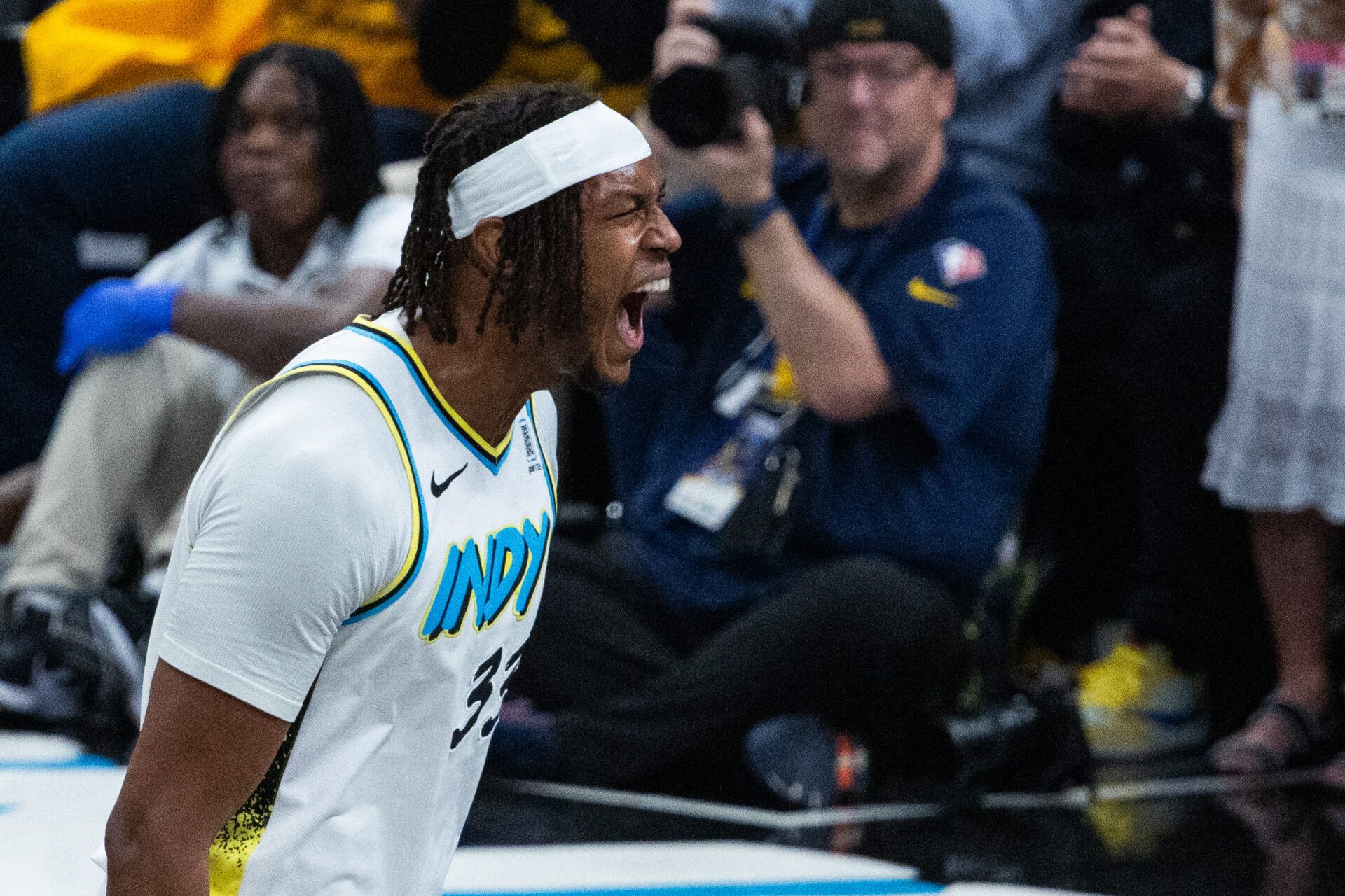 Indiana Pacers center Myles Turner (33) celebrates a made basket during game three of the second round for the 2025 NBA Playoffs against the Cleveland Cavaliers at Gainbridge Fieldhouse.
