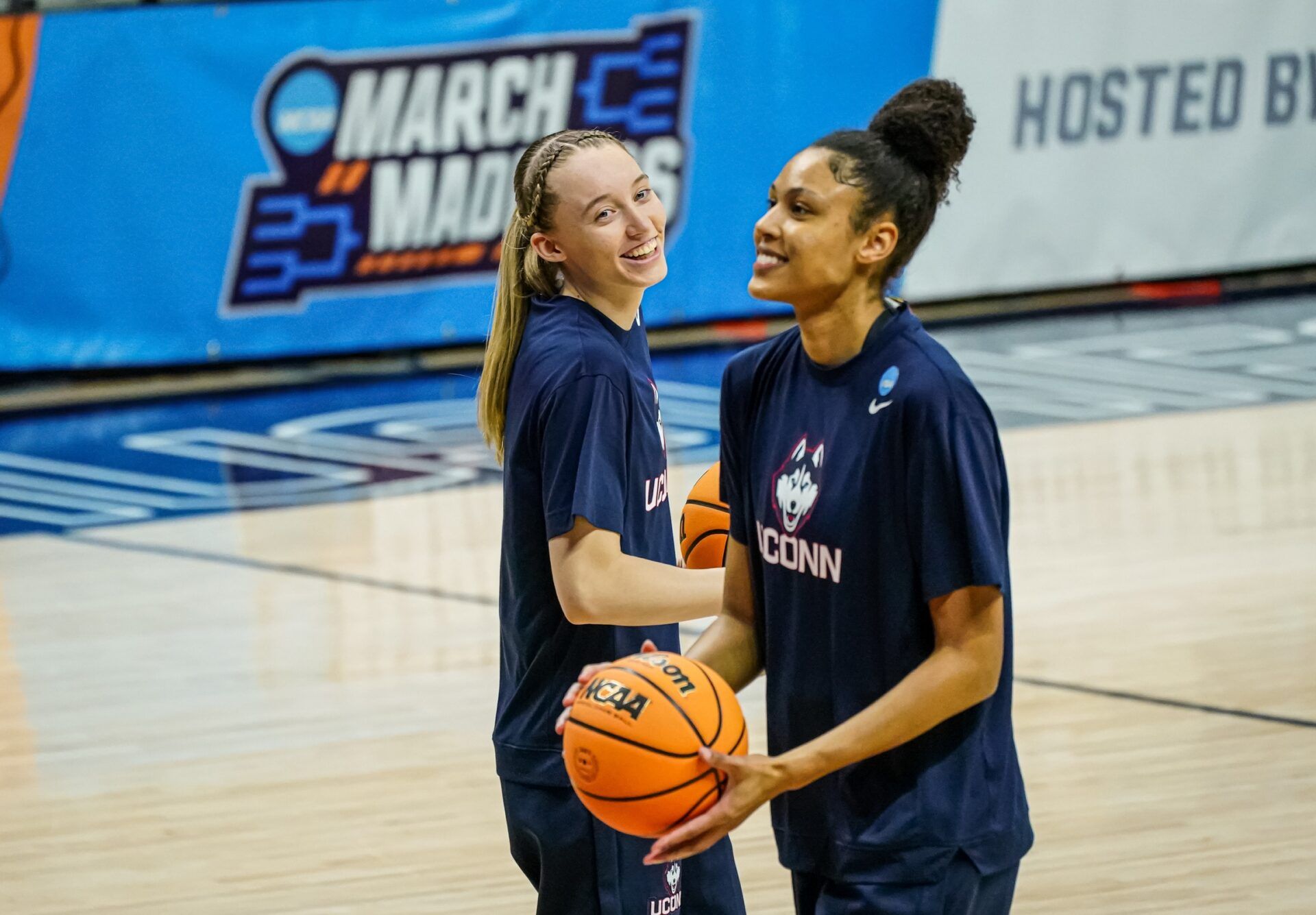 UConn Huskies guard Paige Bueckers (left) and forward Olivia Nelson-Ododa (right) warm up before the start of the NCAA Tournament Second Round against the UCF Knights at Harry A. Gampel Pavilion.