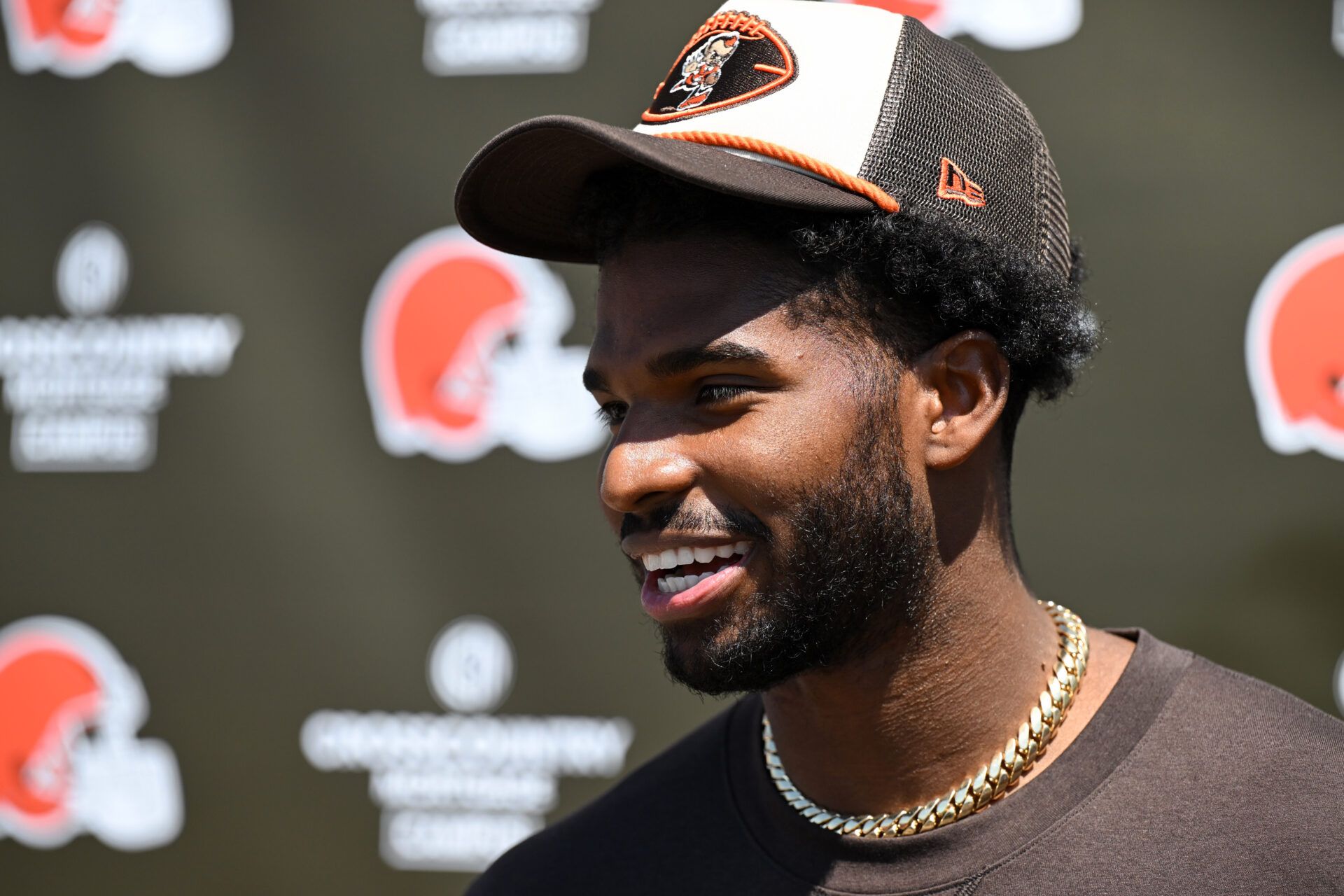 BEREA, OHIO - MAY 10: Shedeur Sanders #12 of the Cleveland Browns answers questions from the media during a press conference prior to rookie minicamp at CrossCountry Mortgage Campus on May 10, 2025 in Berea, Ohio. (Photo by Nick Cammett/Getty Images)