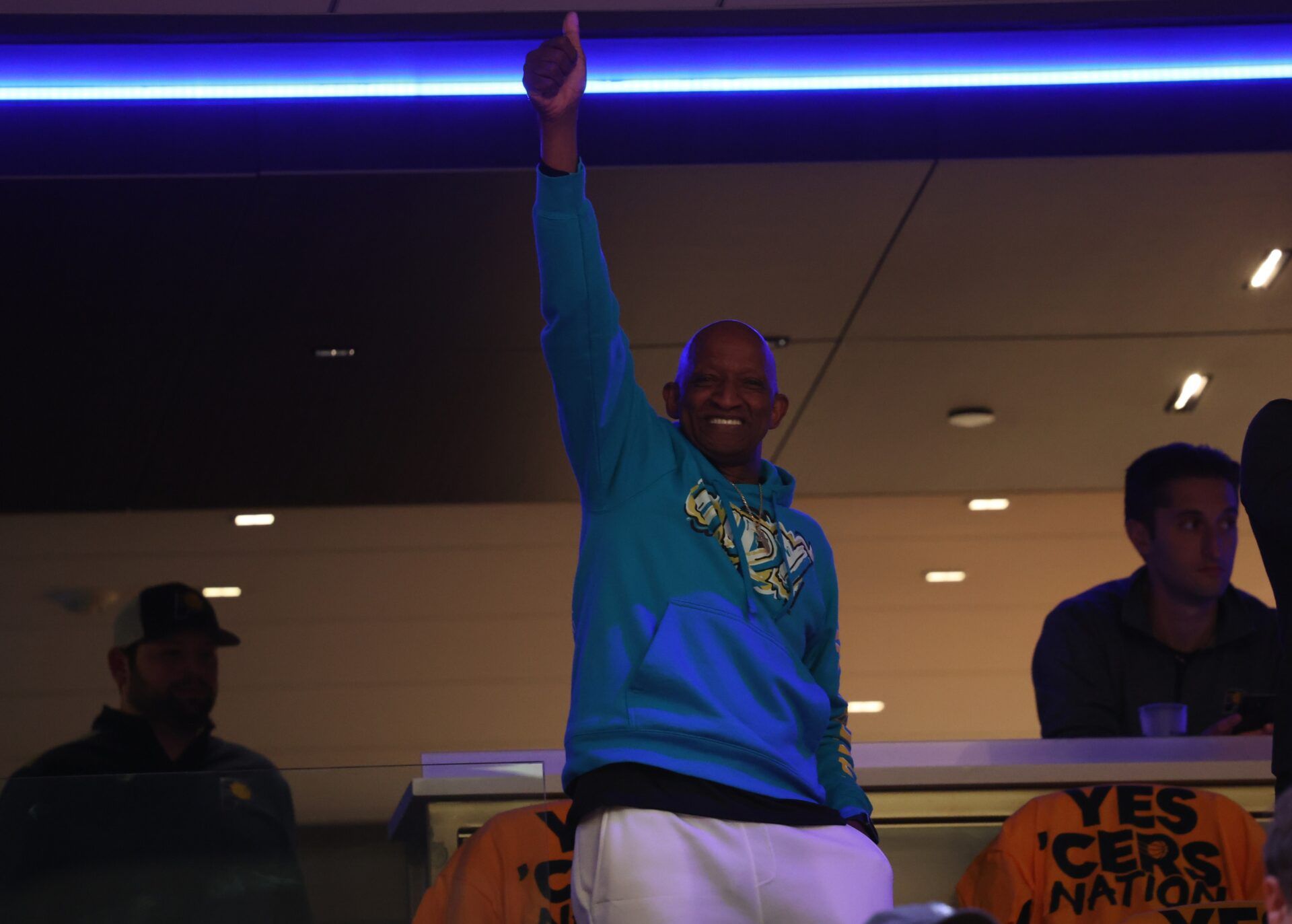 John Haliburton, father of Indiana Pacers guard Tyrese Haliburton (0), reacts from an suite prior to game four of the eastern conference finals between the Indiana Pacers and the New York Knicks for the 2025 NBA Playoffs at Gainbridge Fieldhouse.