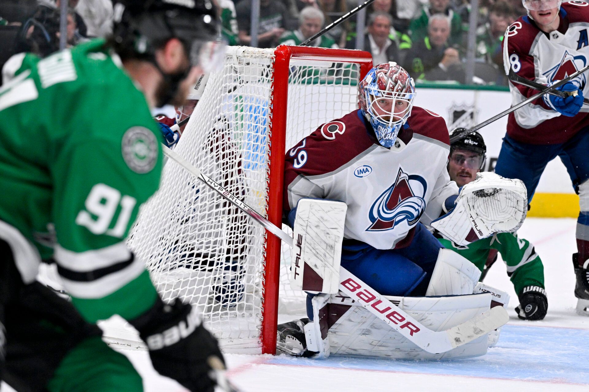 Colorado Avalanche goaltender Mackenzie Blackwood (39) and Dallas Stars center Tyler Seguin (91) in action during the game between the Dallas Stars and the Colorado Avalanche in game two of the first round of the 2025 Stanley Cup Playoffs at American Airlines Center.