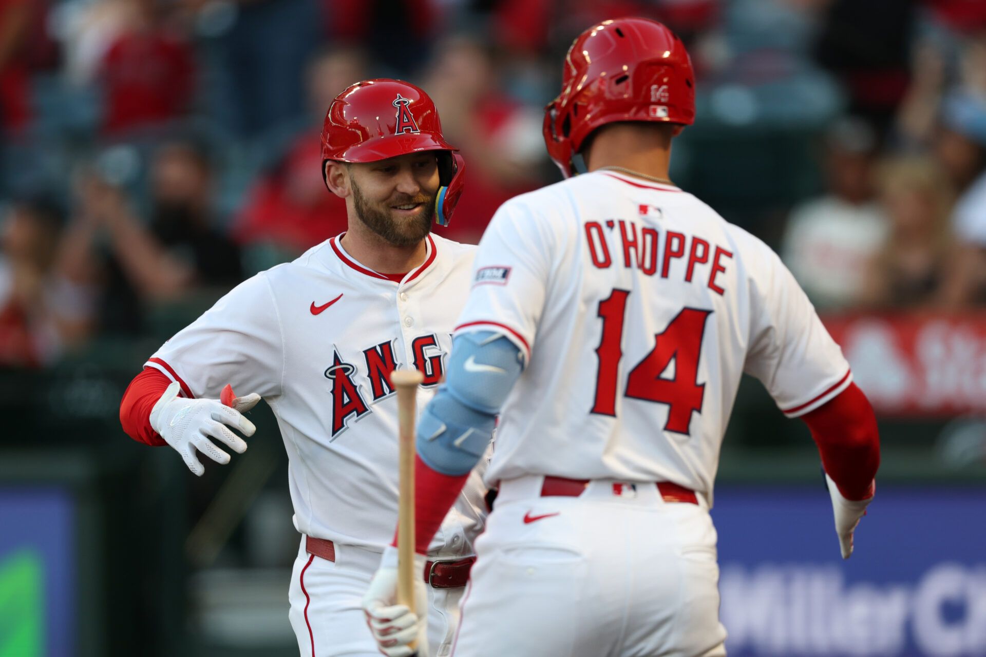 Los Angeles Angels left fielder Taylor Ward (3, left) celebrates with designated hitter Logan O'Hoppe (14) after hitting a home run during the second inning against the Miami Marlins at Angel Stadium.