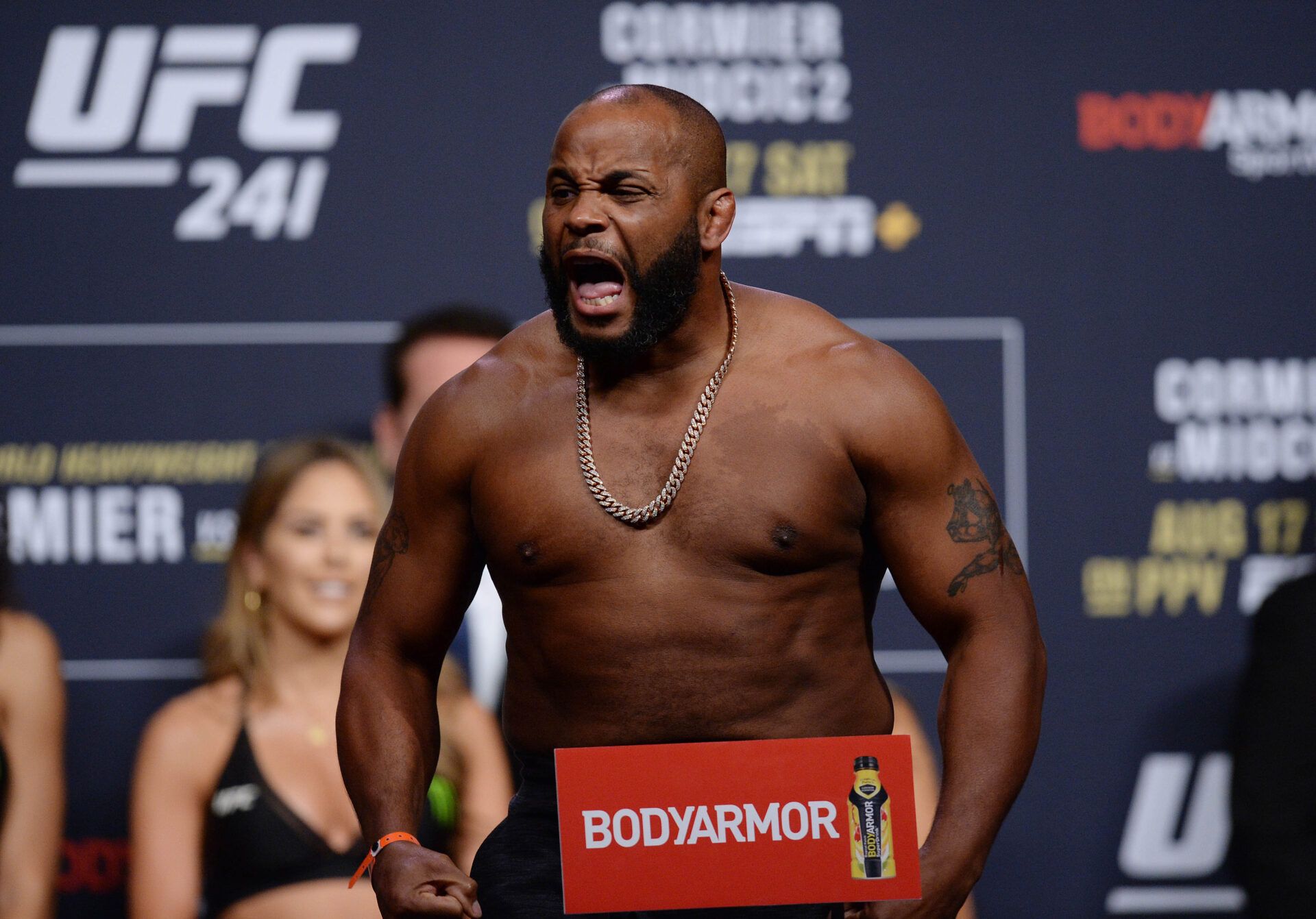 Daniel Cormier reacts during weigh ins for UFC 241 at Anaheim Convention Center.