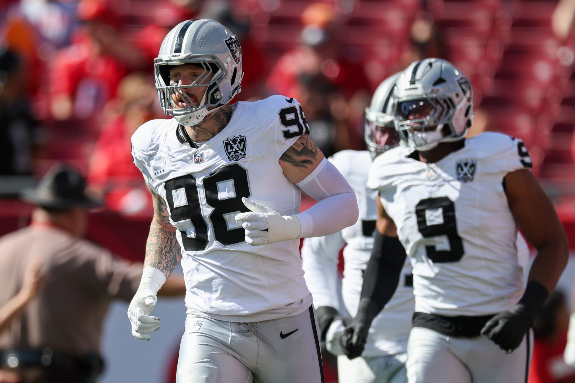 Las Vegas Raiders defensive end Maxx Crosby (98) takes the field for a game against the Tampa Bay Buccaneers at Raymond James Stadium.