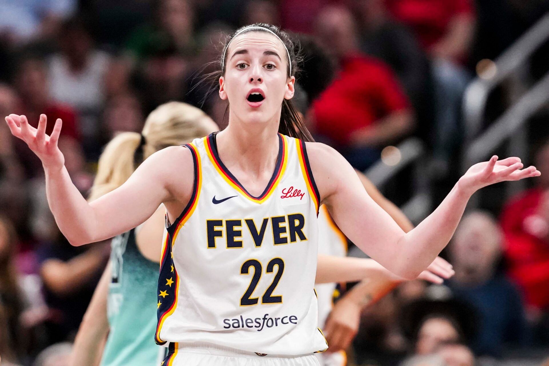 Indiana Fever guard Caitlin Clark (22) reacts to the officiating Saturday, May 24, 2025, during a game between the Indiana Fever and the New York Liberty at Gainbridge Fieldhouse in Indianapolis. The New York Liberty defeated the Indiana Fever, 90-88.