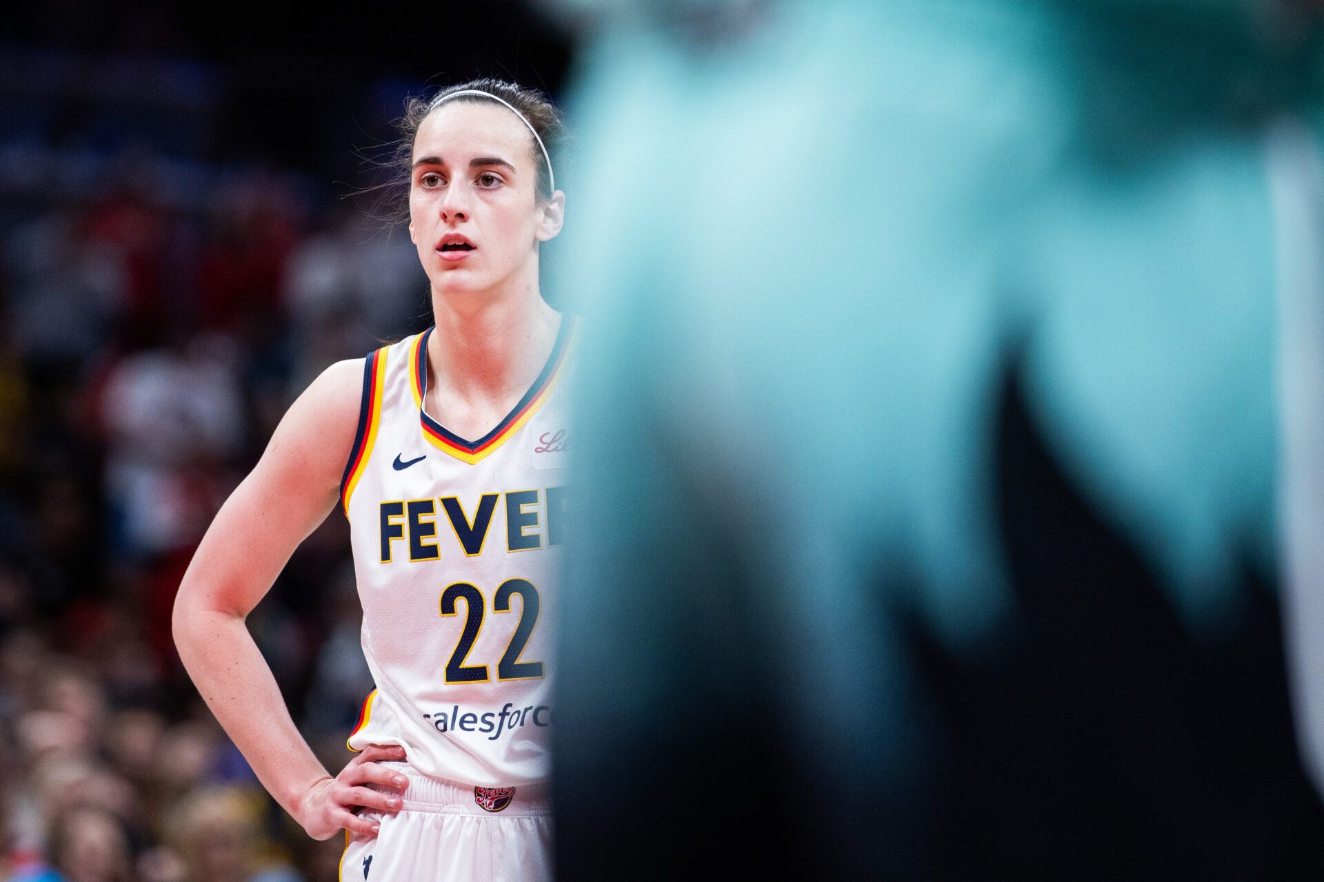 Indiana Fever guard Caitlin Clark (22)  in the second half against the New York Liberty at Gainbridge Fieldhouse.