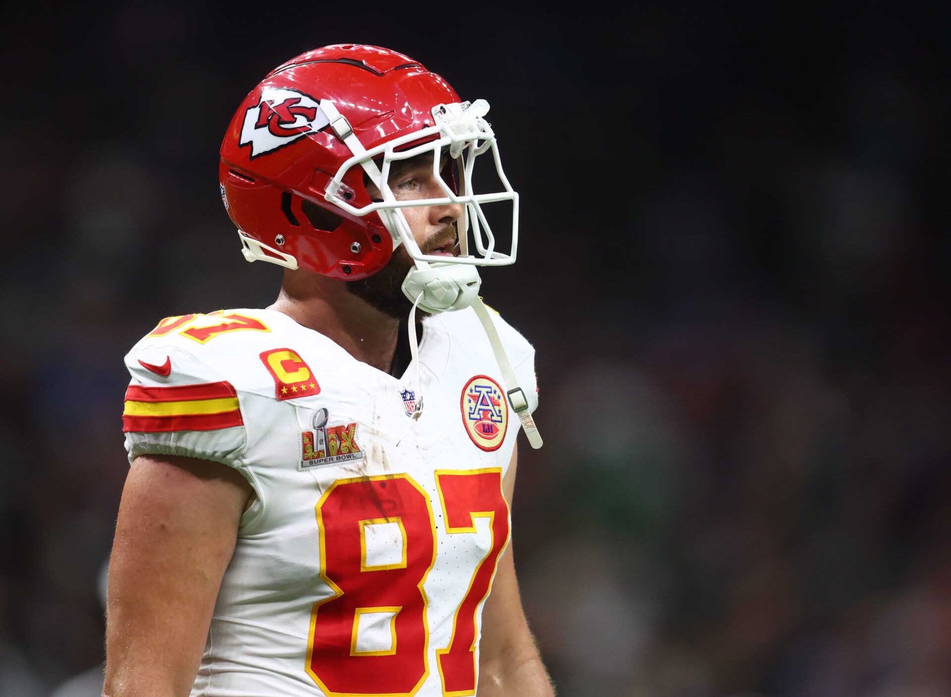 Kansas City Chiefs tight end Travis Kelce (87) reacts in the fourth quarter against the Philadelphia Eagles in Super Bowl LIX at Ceasars Superdome.