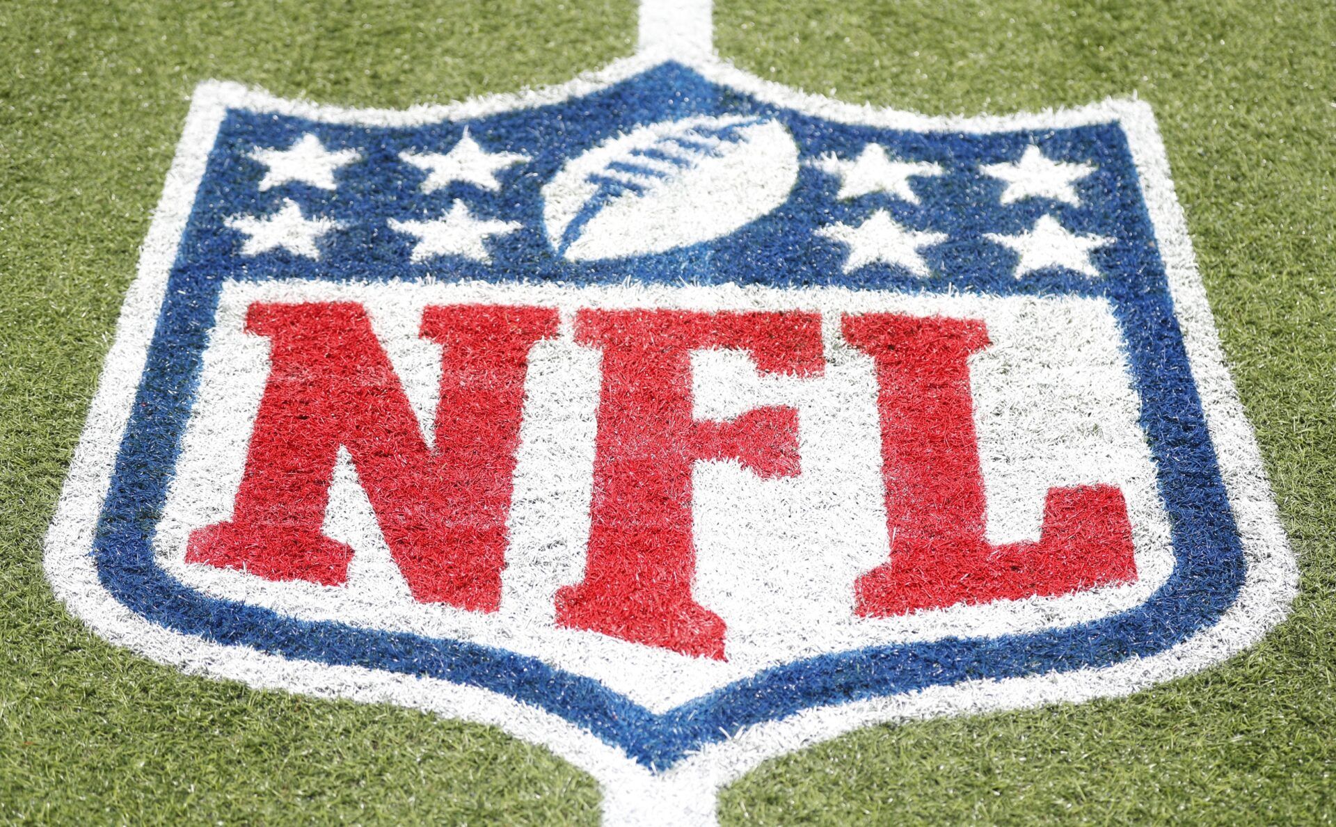 General view of the NFL shield logo on the field at the Tom Benson Hall of Fame Stadium site of the Professional Football Hall of Fame game and induction ceremonies.