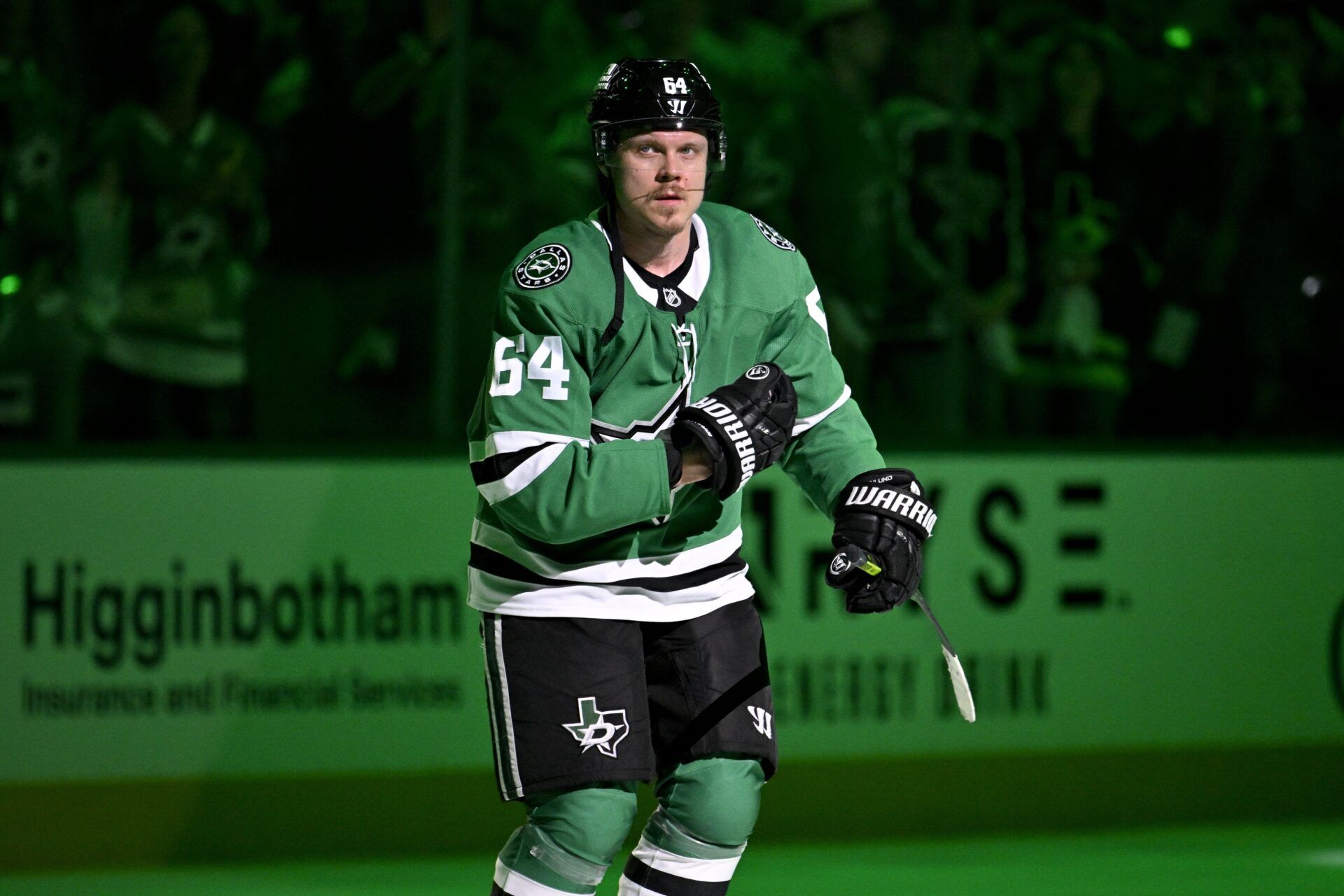Dallas Stars center Mikael Granlund (64) skates off the ice after the Stars defeat the Winnipeg Jets in game four of the second round of the 2025 Stanley Cup Playoffs at American Airlines Center.