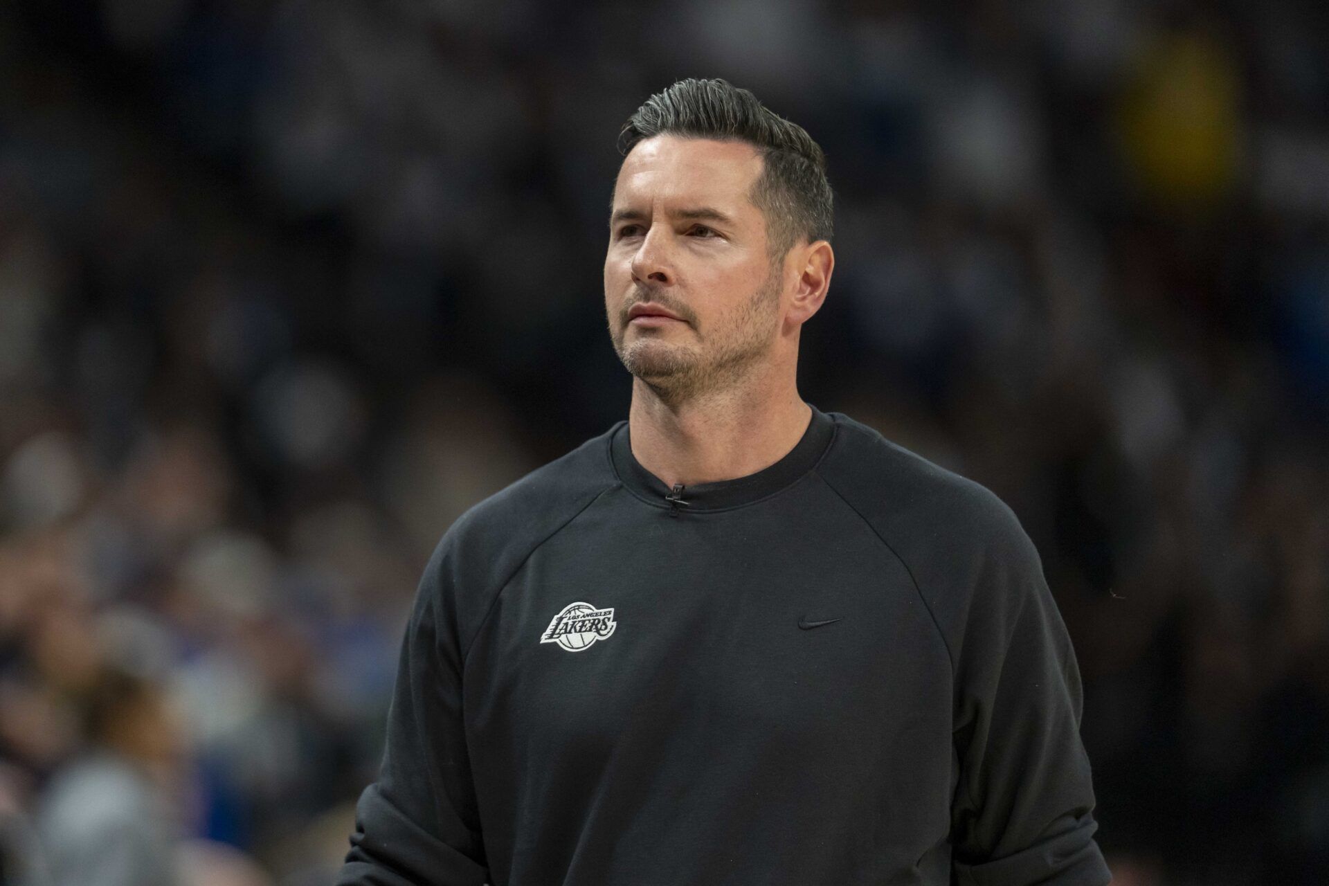 Los Angeles Lakers head coach JJ Redick looks on against the Minnesota Timberwolves in the first half during game three of first round for the 2024 NBA Playoffs at Target Center.