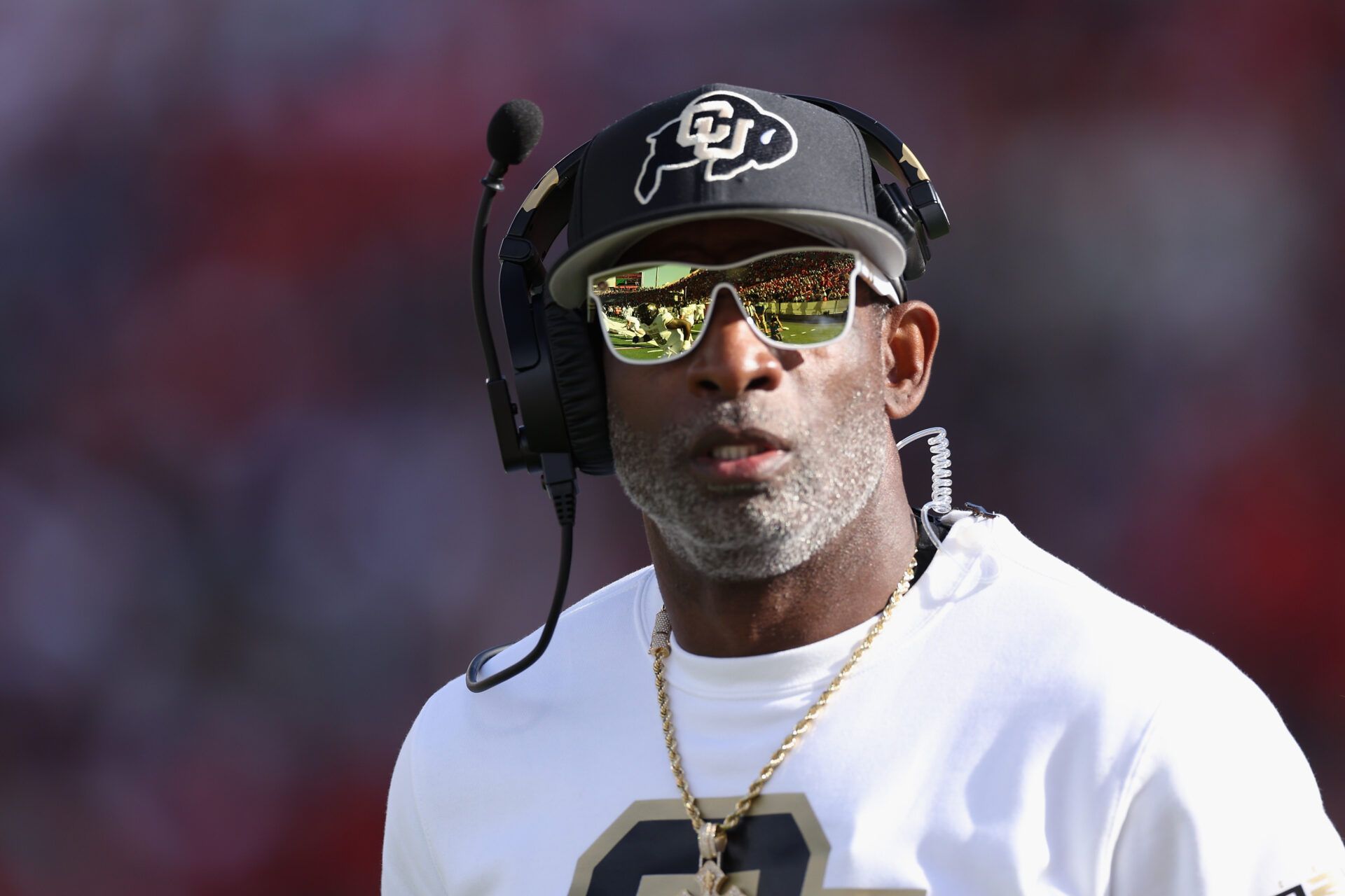TUCSON, ARIZONA - OCTOBER 19: Head coach Deion Sanders of the Colorado Buffaloes reacts on the field during the NCAAF game against the Arizona Wildcats at Arizona Stadium on October 19, 2024 in Tucson, Arizona.  (Photo by Christian Petersen/Getty Images)