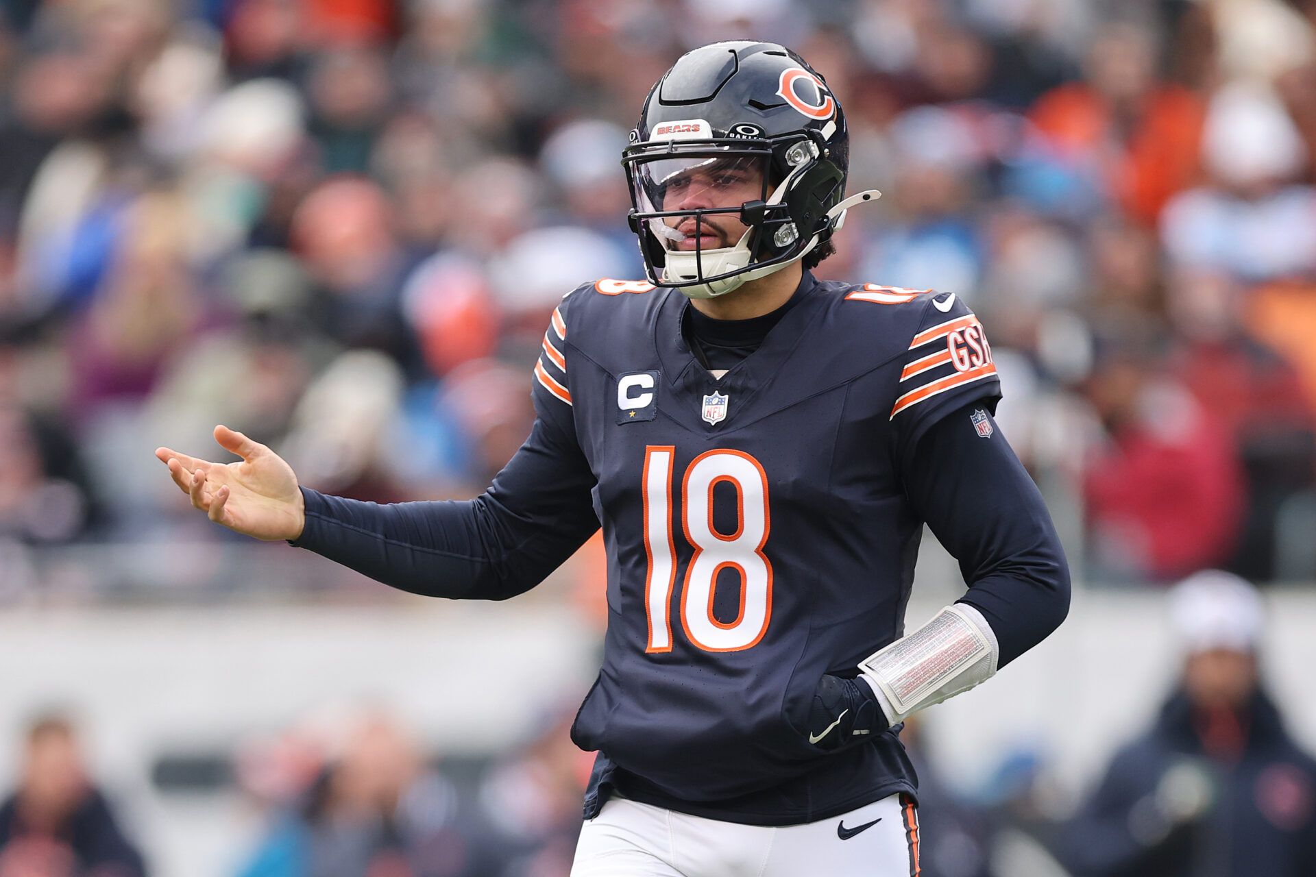 CHICAGO, ILLINOIS - DECEMBER 22: Caleb Williams #18 of the Chicago Bears reacts against the Detroit Lions at Soldier Field on December 22, 2024 in Chicago, Illinois. (Photo by Michael Reaves/Getty Images)