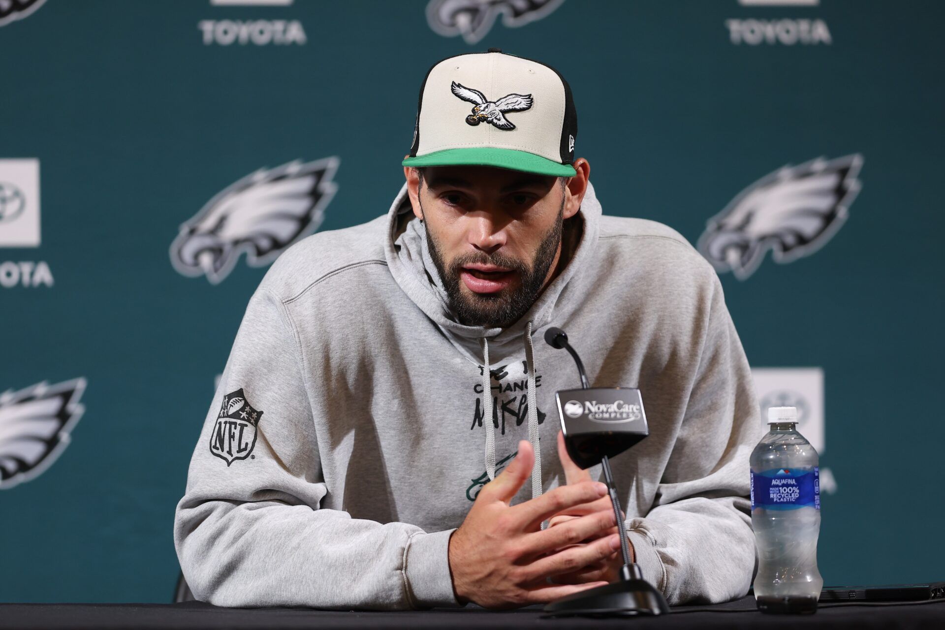 Philadelphia Eagles tight end Dallas Goedert speaks with the media during OTAs at NovaCare Complex.