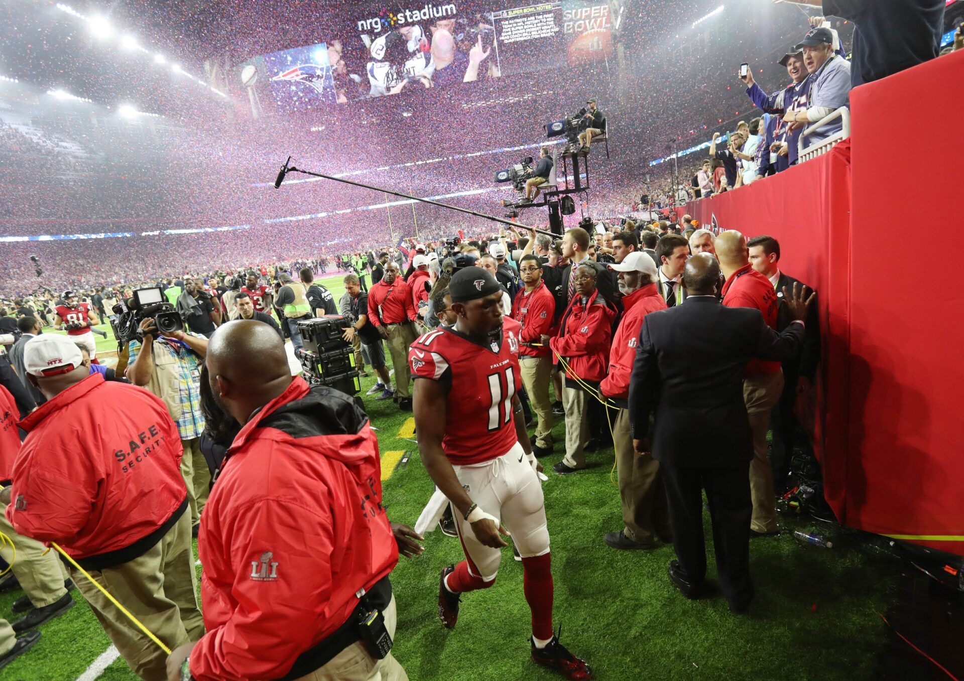 Atlanta Falcons wide receiver Julio Jones (11) leaves the field after being defeated by the New England Patriots 34-28 in overtime in Super Bowl LI at NRG Stadium.