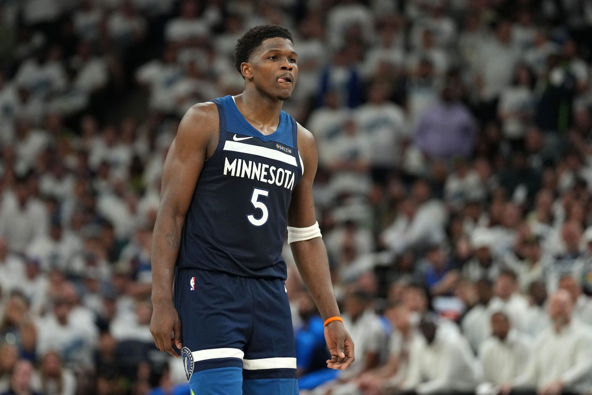 Minnesota Timberwolves guard Anthony Edwards (5) reacts against the Oklahoma City Thunder in the first half during game four of the western conference finals for the 2025 NBA Playoffs at Target Center.
