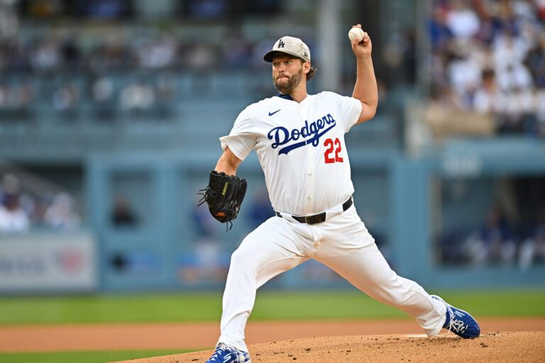 Los Angeles Dodgers pitcher Clayton Kershaw (22) pitches in the first inning against the Los Angeles Angels at Dodger Stadium.