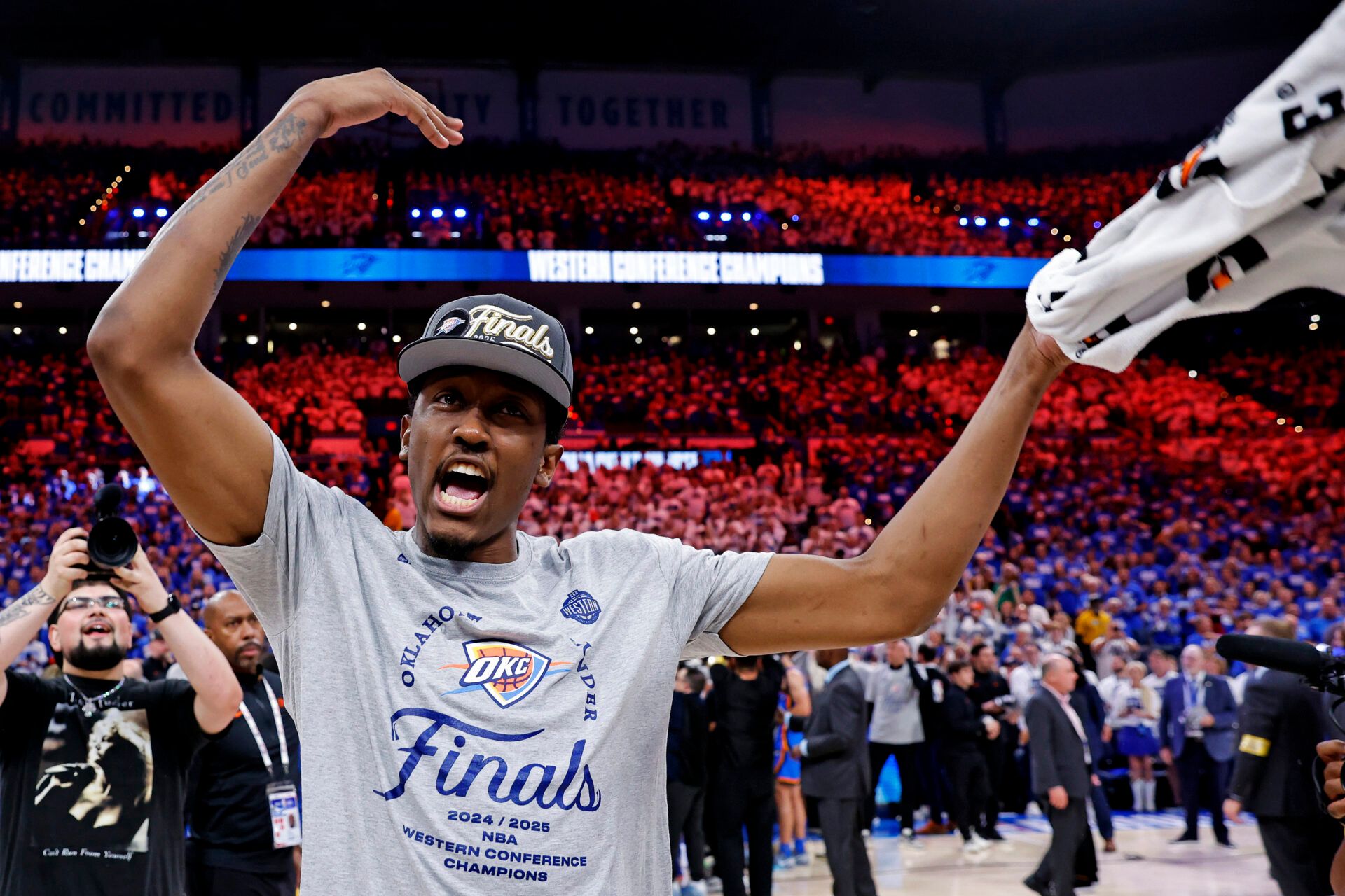 Oklahoma City Thunder forward Jalen Williams (8) celebrate after defeating the Minnesota Timberwolves game five to win western conference finals to win the 2025 NBA Playoffs at Paycom Center.