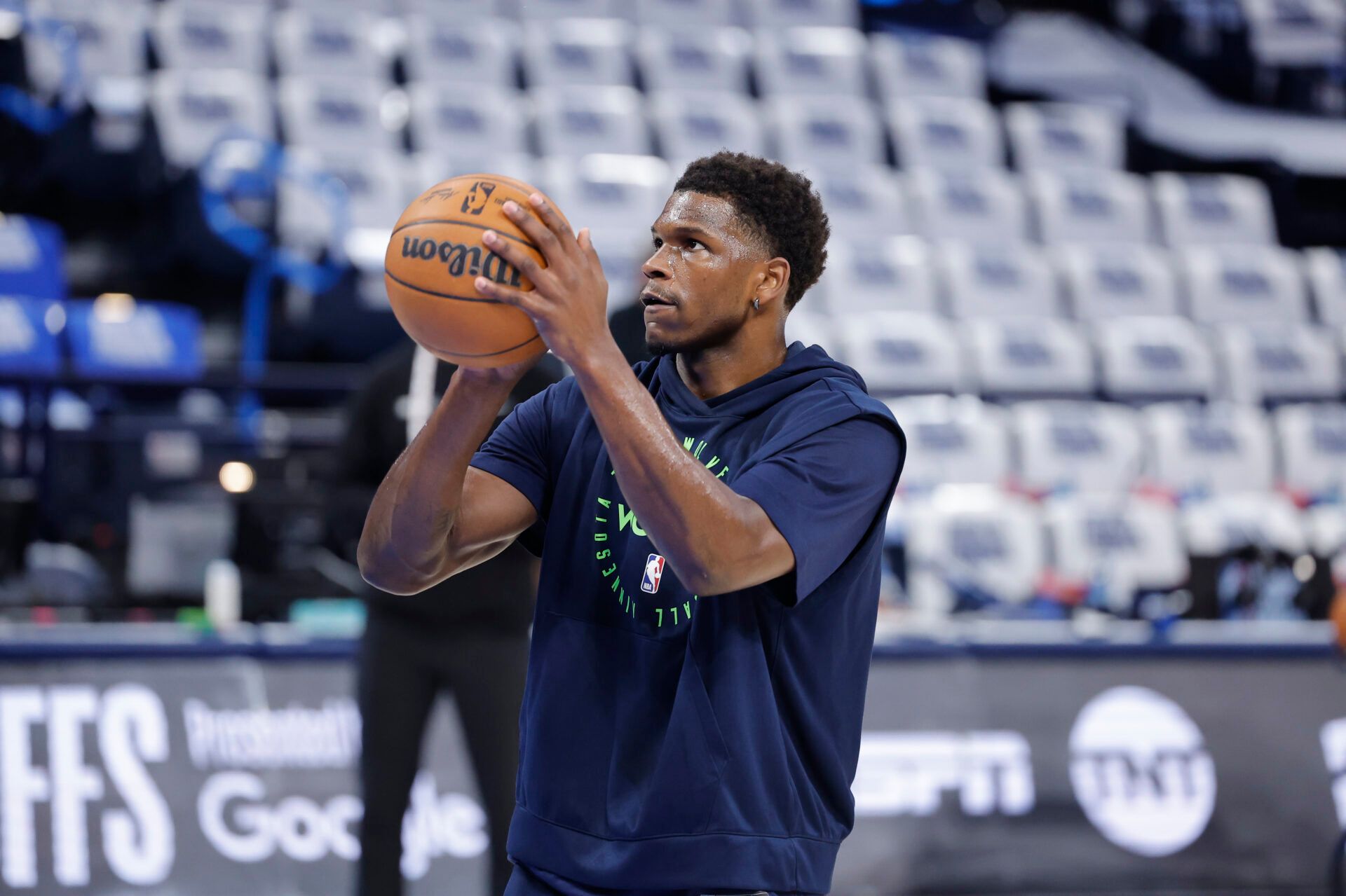 Minnesota Timberwolves guard Anthony Edwards warms up before game five of the western conference finals against the Oklahoma City Thunder for the 2025 NBA Playoffs at Paycom Center.