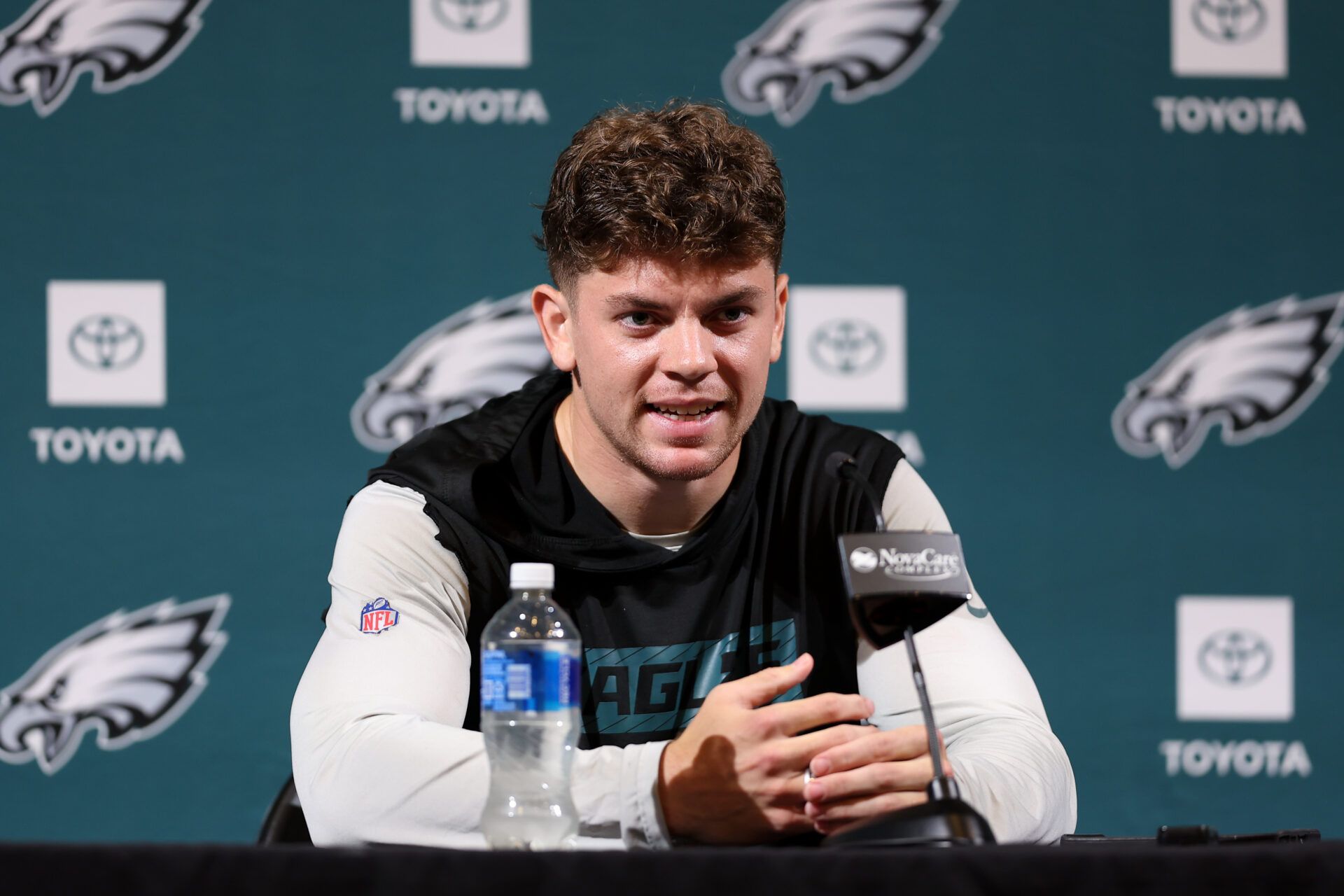 Philadelphia Eagles cornerback Cooper DeJean speaks with the media during OTAs at NovaCare Complex.
