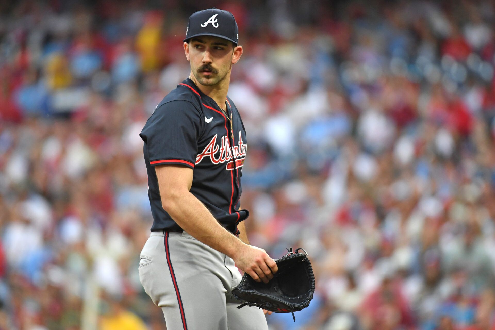 Atlanta Braves pitcher Spencer Strider (99) walks off the field after the first inning against the Philadelphia Phillies at Citizens Bank Park.