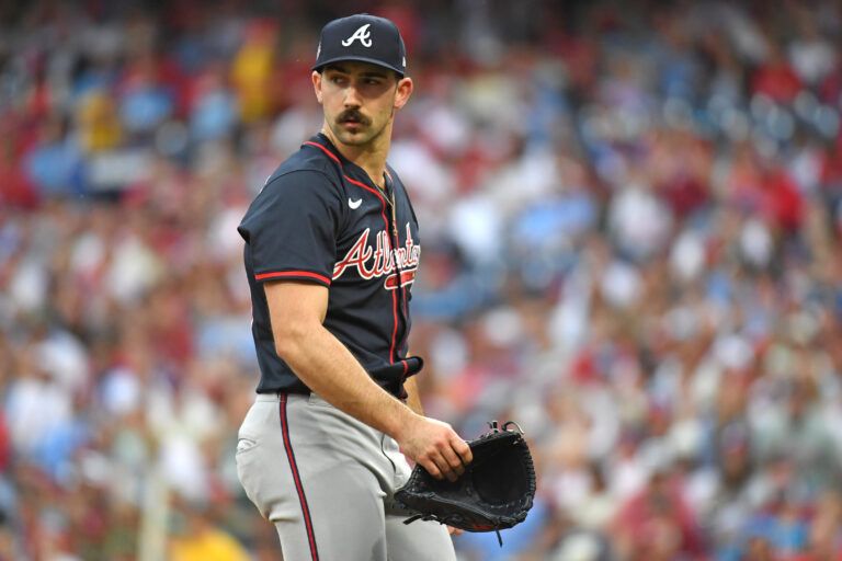Atlanta Braves pitcher Spencer Strider (99) walks off the field after the first inning against the Philadelphia Phillies at Citizens Bank Park.