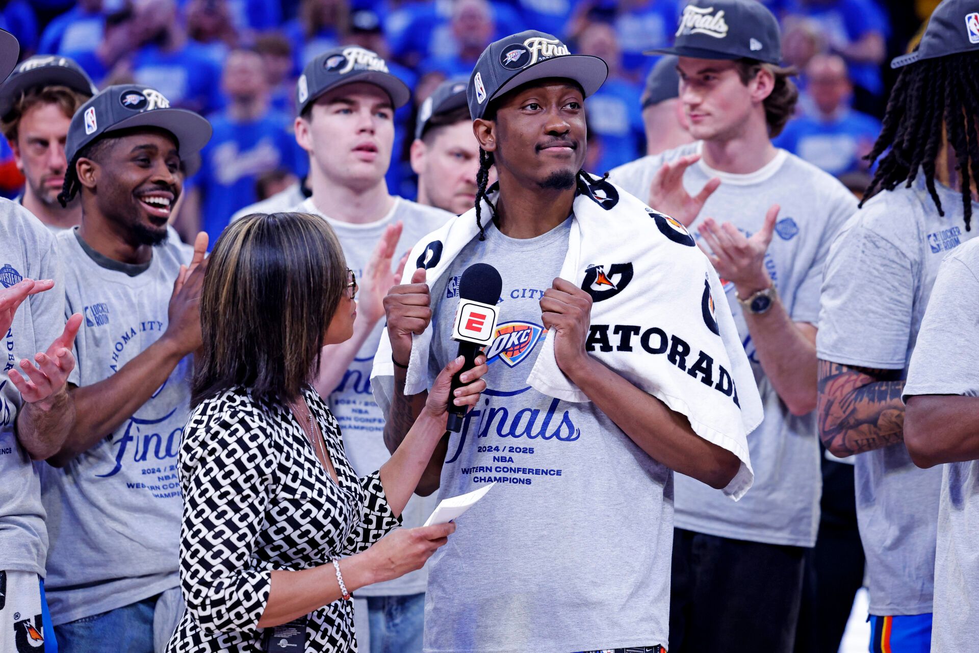 Oklahoma City Thunder forward Jalen Williams (8) is interviewed after defeating the Minnesota Timberwolves in game five to win the western conference finals for the 2025 NBA Playoffs at Paycom Center.