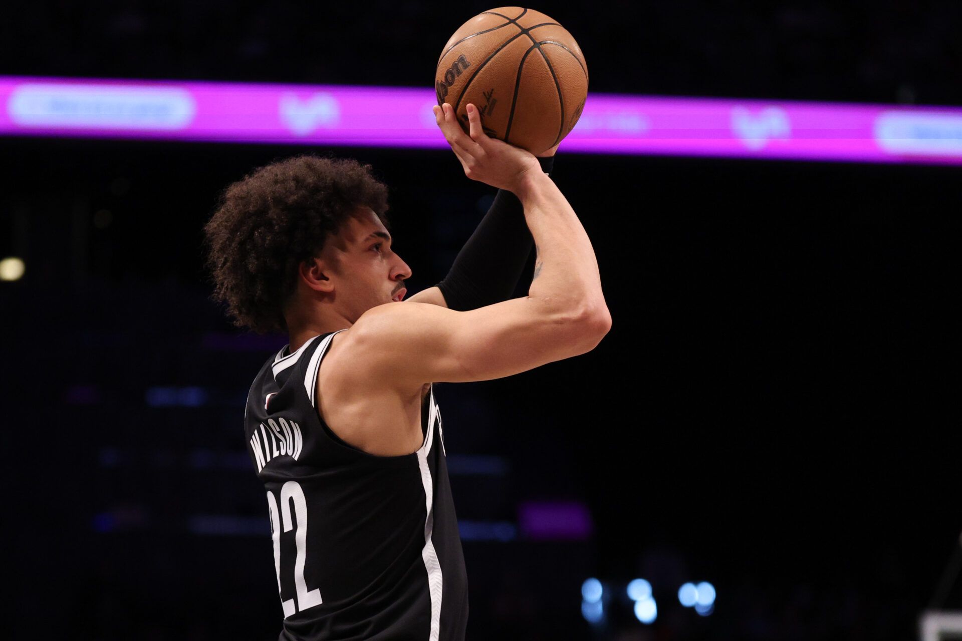 Brooklyn Nets forward Jalen Wilson (22) shoots the ball during the second half against the New York Knicks at Barclays Center.