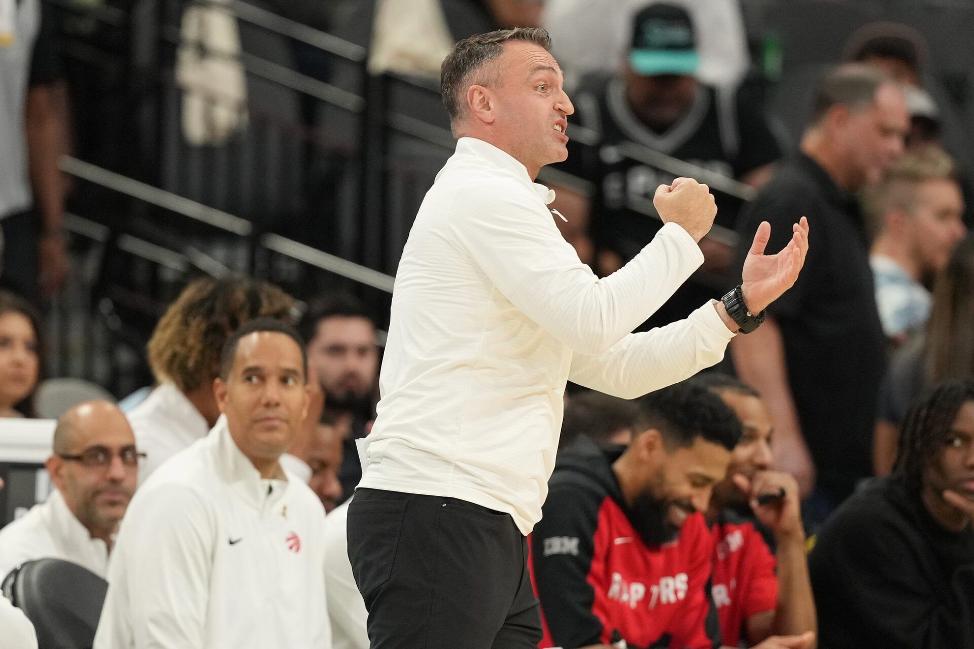 Toronto Raptors head coach Darko Rajakovic signals to players during the first half against the San Antonio Spurs at Frost Bank Center.