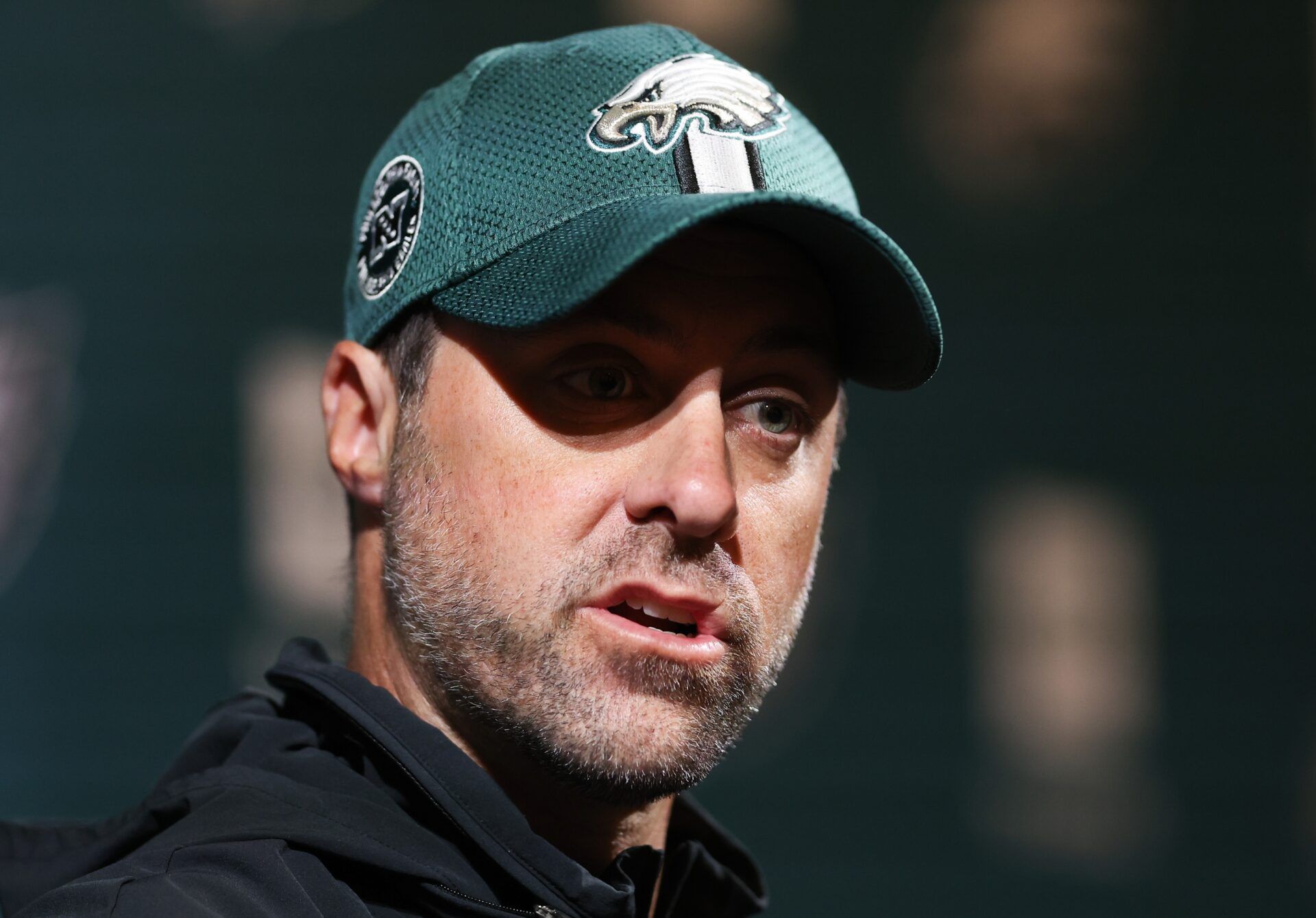 Philadelphia Eagles offensive coordinator Kevin Patullo speaks with the media at NovaCare Complex.