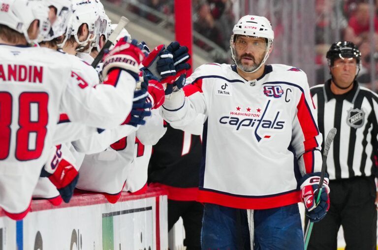 Washington Capitals left wing Alex Ovechkin (8) scores a goal against the Carolina Hurricanes during the third period in game four of the second round of the 2025 Stanley Cup Playoffs at Lenovo Center.