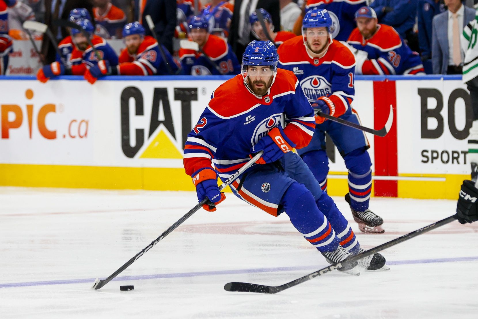 Edmonton Oilers defenseman Evan Bouchard (2) skates against the Dallas Stars during the third period in game four of the Western Conference Final of the 2025 Stanley Cup Playoffs at Rogers Place.
