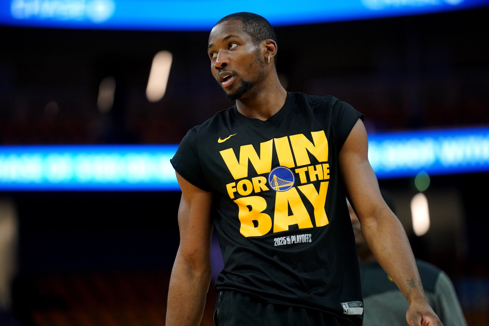 Golden State Warriors forward Jonathan Kuminga (00) stands on the court during warmups against the Minnesota Timberwolves during game four of the second round for the 2025 NBA Playoffs at Chase Center.