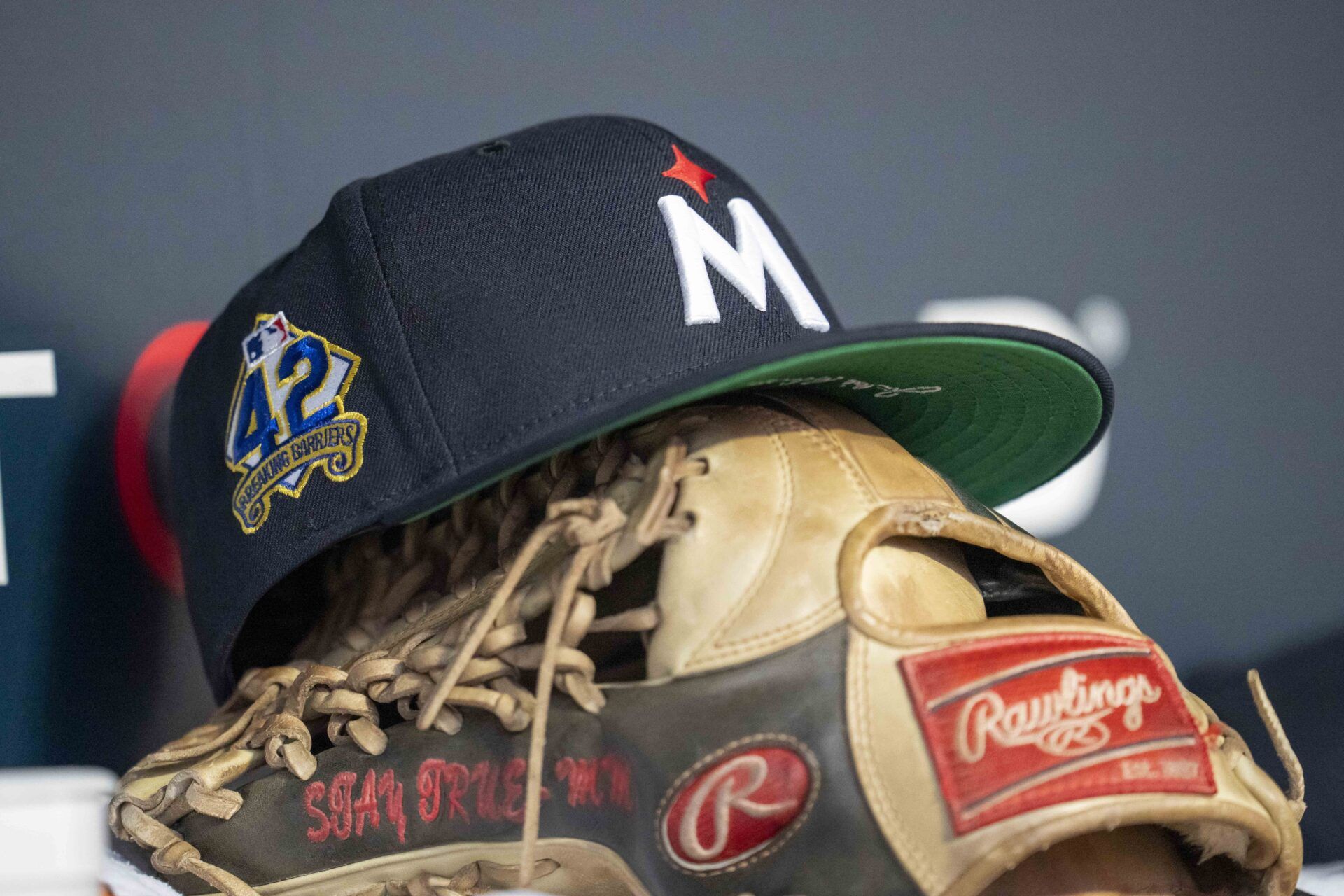 A general view of a Minnesota Twins hat with a Jackie Robinson logo stitched on the side of it against the New York Mets in the fourth inning at Target Field. All players wore #42 for Jackie Robinson Day
