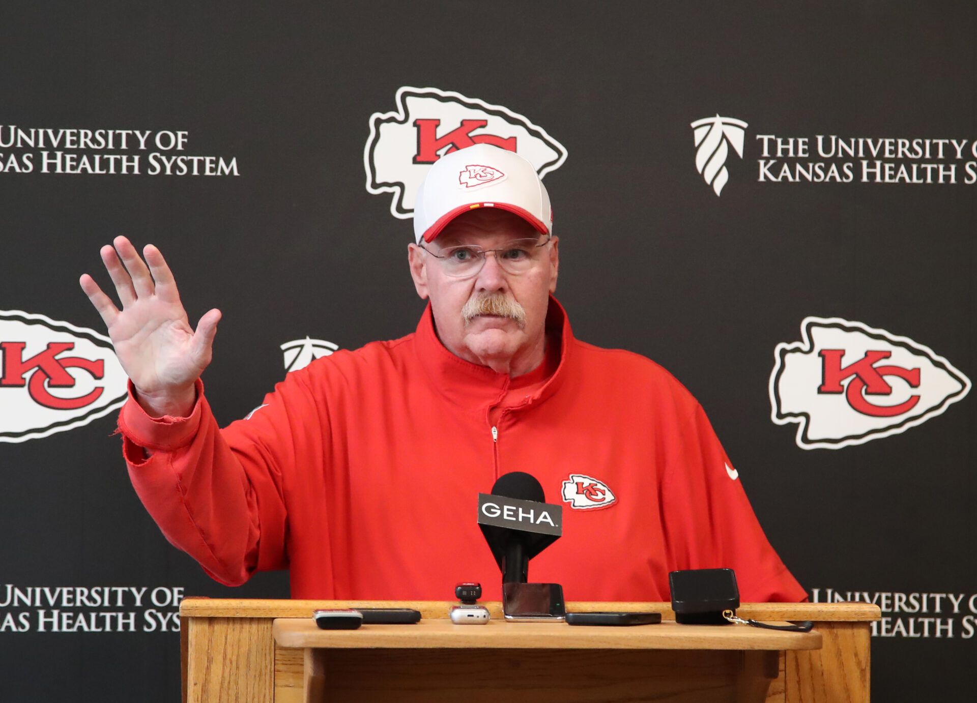 KANSAS CITY, MISSOURI - MAY 29: Head Coach Andy Reid of the Kansas City Chiefs talks to the media during the press conference interviews after the Kansas City Chiefs OTAs at The University of Kansas Health System Training Complex on May 29, 2025 in Kansas City, Missouri. (Photo by Bruce Yeung/Getty Images)