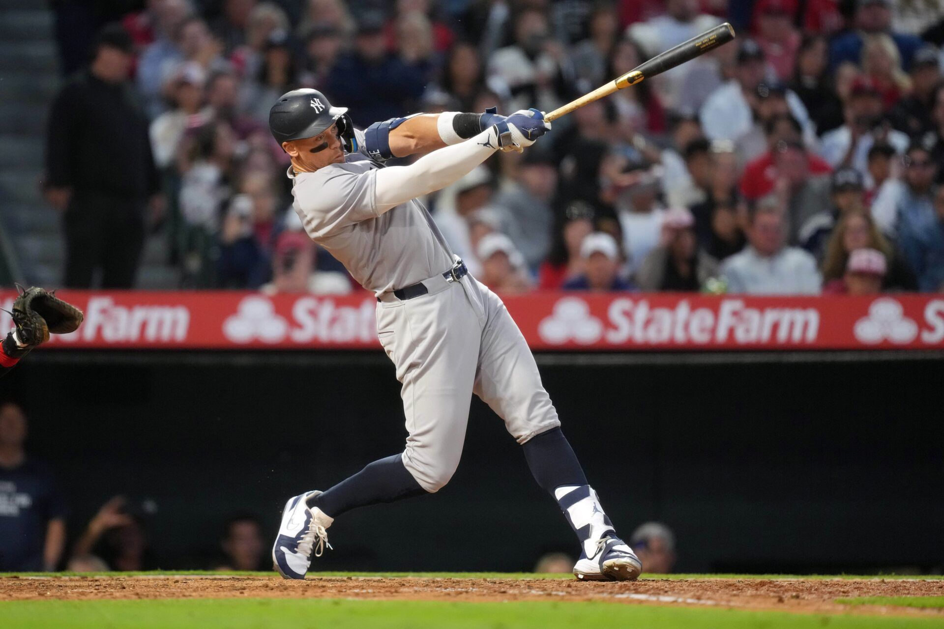 New York Yankees designated hitter Aaron Judge (99) bats in the fifth inning against the Los Angeles Angels at Angel Stadium.